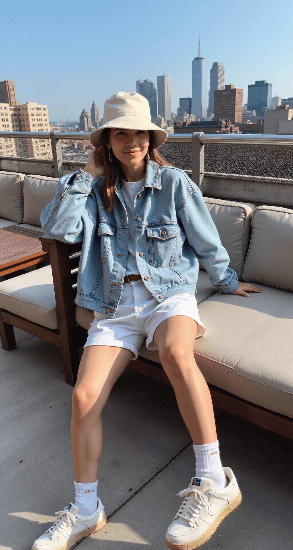 A person lounges in a sunlit downtown rooftop setting, wearing an oversized light wash denim jacket over white cotton shorts, with white tube socks and vintage Nike Blazers. A cream canvas bucket hat completes the casual look against a city skyline backdrop.