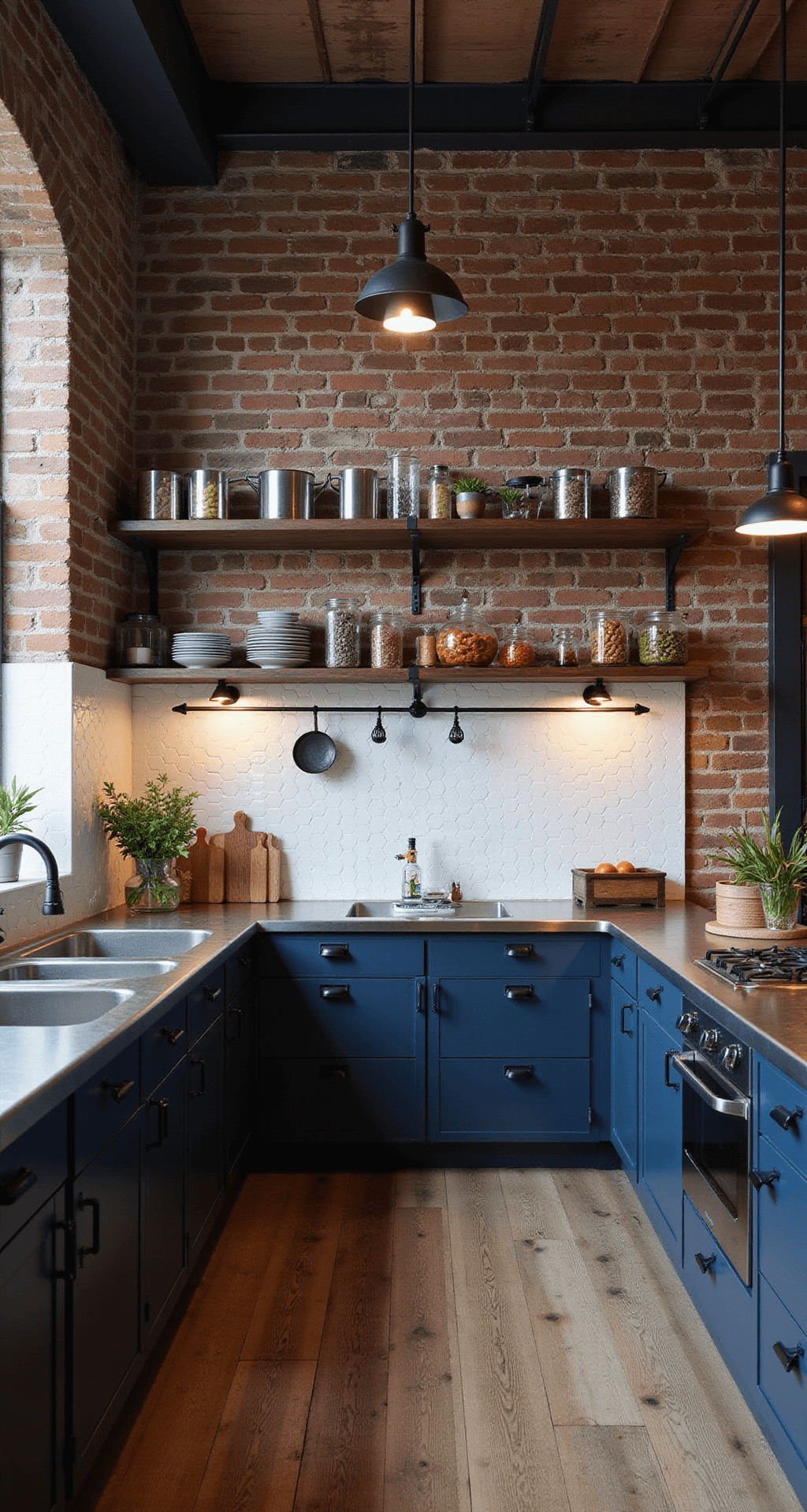A spacious industrial navy kitchen featuring exposed brick walls, navy slab-front cabinets, and stainless steel countertops, illuminated by mixed natural and artificial lighting, with factory-style pendant lights and a white penny tile backsplash, all showcased from an elevated perspective.