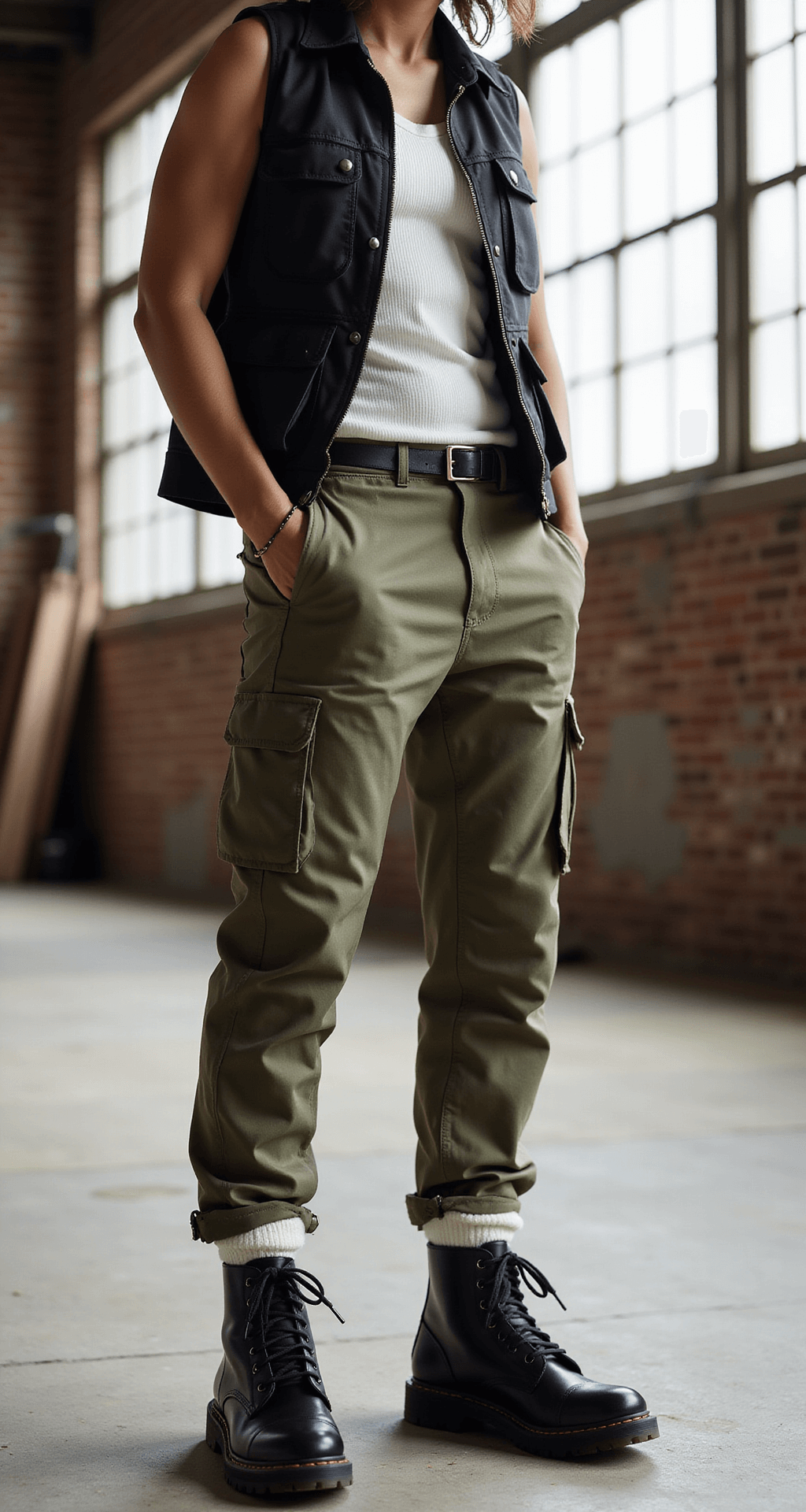A close-up of a model's outfit in an industrial loft, featuring olive cargo pants with utility details, a fitted white ribbed tank, and a black tactical vest, complemented by chunky combat boots and scrunched white socks. Natural side lighting highlights the fabric textures against an exposed brick backdrop with large factory windows.