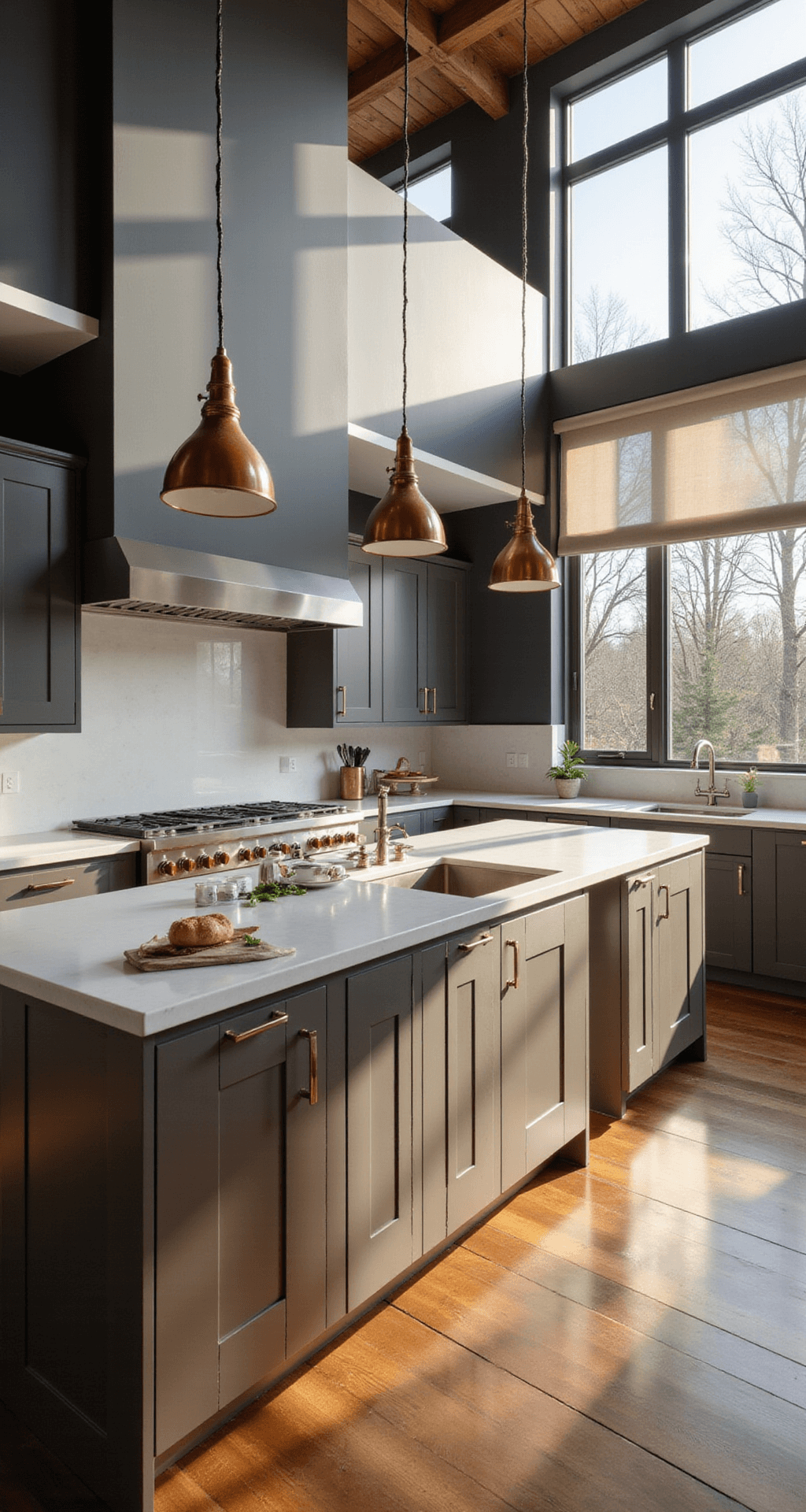 A contemporary kitchen with sleek matte charcoal grey aluminum cabinets and white quartz waterfall countertops, illuminated by morning light through floor-to-ceiling windows. The champagne-colored island, warm wooden flooring, and copper pendant lights add warmth to the industrial aesthetic, featuring professional-grade stainless appliances. Shot from a low angle, showcasing the height and linear design of the space.