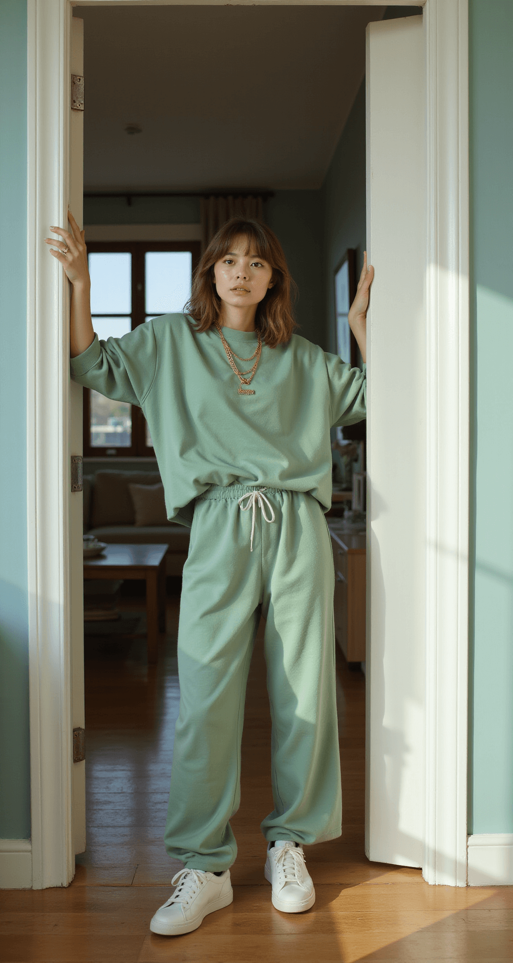 An airy modern apartment interior during morning blue hour features a model wearing a sage green oversized sweatshirt and wide-leg sweatpants, arranging the outfit while vintage gold jewelry catches the light. White platform sneakers are partially visible in the foreground, with the scene framed by a doorway for a natural vignette effect.