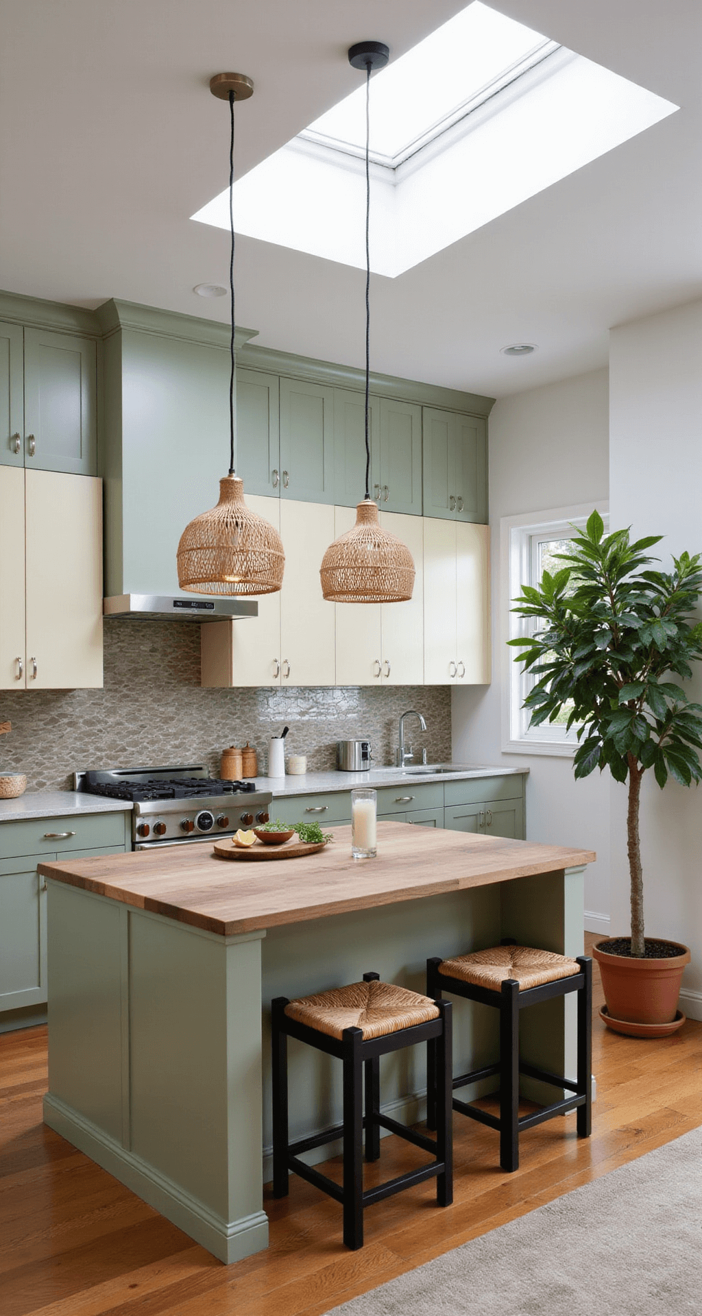 Modern open-concept kitchen featuring two-tone aluminum cabinets in sage green and cream, a walnut butcher block island, geometric tile backsplash, rattan bar stools, and woven pendant lights, with a large fiddle leaf fig plant in the corner, illuminated by natural light from a skylight.