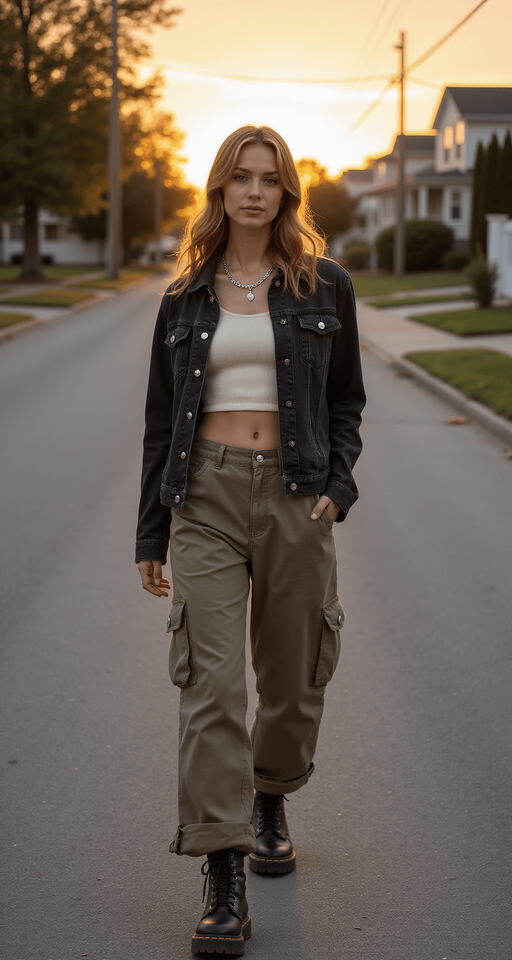 A model gracefully walks along a quiet residential street at sunset, dressed in a vintage washed black denim jacket over a cream cropped tank, wide-leg khaki utility pants, and platform Dr. Martens. Silver chain accessories add a stylish touch, illuminated by warm golden hour lighting.