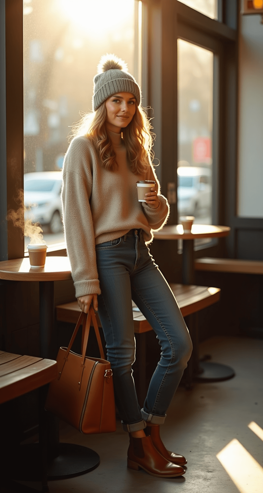 A fashionable woman in an oversized oatmeal cashmere sweater and high-waisted dark jeans sits in a sunlit urban coffee shop, her caramel leather tote beside her, as steam rises from her coffee cup, all captured with shallow depth of field.