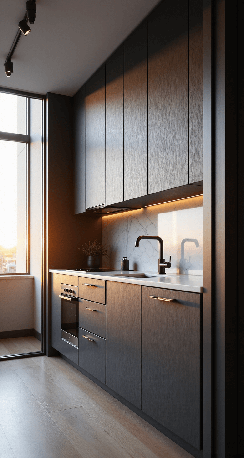 Compact urban kitchen at sunset featuring gunmetal aluminum cabinets with a vertical grain pattern, rose gold accents, white marble surfaces, and black matte appliances, illuminated by warm golden hour light streaming through a window.