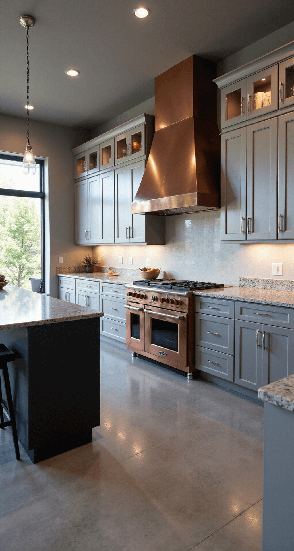 Aerial view of a spacious chef's kitchen with industrial aluminum cabinets, a central island with a granite top, a professional range with a copper hood, and polished concrete floors, all illuminated by natural light and multiple light sources.