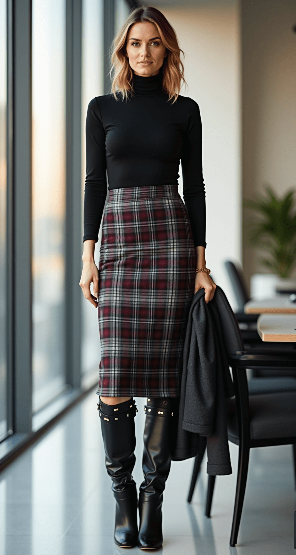 A professional woman stands confidently in a modern minimalist office space with floor-to-ceiling windows, wearing a fitted black turtleneck and a glen plaid midi skirt in grey and burgundy, complemented by black leather knee-high boots and a charcoal blazer draped over a chair; soft afternoon light and a bokeh background enhance the scene.
