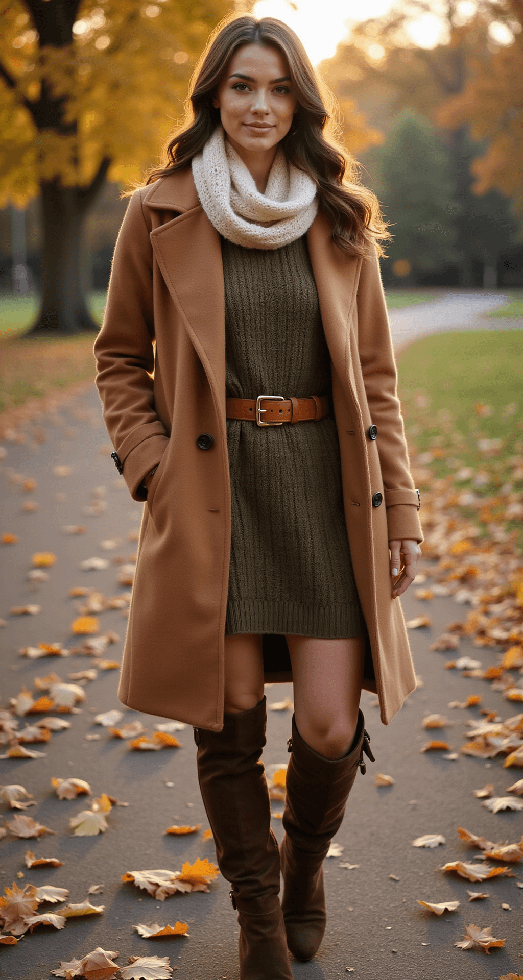 A woman in a caramel brown wool coat layered over an olive green ribbed sweater dress, cinched with a cognac leather belt, stands in an autumn park during golden hour. She wears a cream-colored cable knit scarf and dark brown suede over-the-knee boots. Soft natural backlighting creates a halo effect around her hair, with fallen leaves scattered artistically around her.