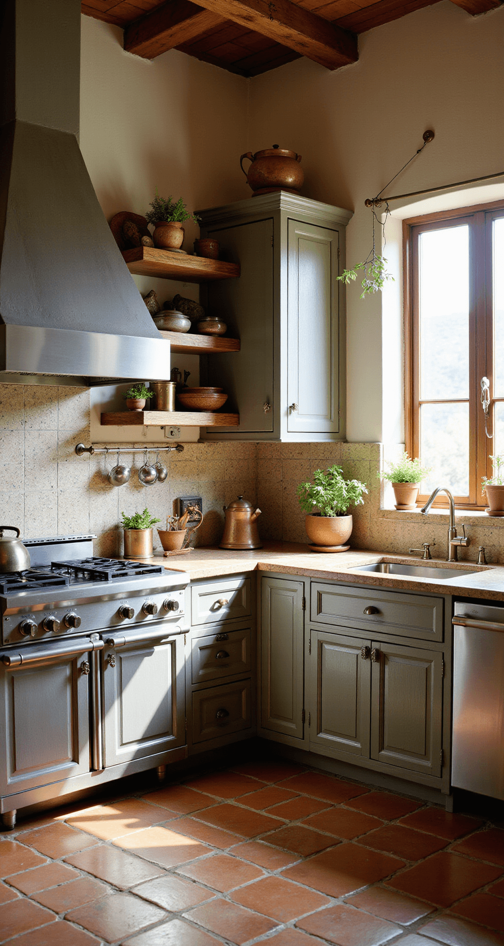 A Mediterranean-inspired kitchen featuring silver aluminum cabinets, a hand-painted tile backsplash, and olive wood open shelving, illuminated by soft afternoon light through an arched window. The rustic terracotta floor tiles and brass fixtures add warmth, while herbs hang above from a ceiling rack, captured from a corner angle to showcase height and depth.