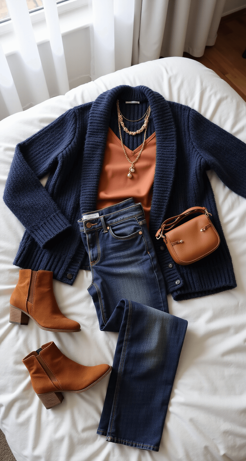 A cozy modern apartment interior bathed in morning light, featuring a fashion flatlay on white bedding, including a navy chunky knit cardigan, rust-orange silk camisole, dark wash jeans, tan suede ankle boots, gold-tone accessories, and a leather crossbody bag, arranged casually with soft shadows.