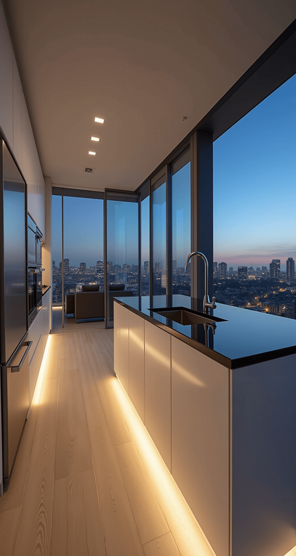 A minimalist penthouse kitchen at twilight featuring pure white aluminum cabinets, black granite countertops, LED strip lighting, and chrome appliances, viewed from the living area with a glass partition wall reflecting city lights.