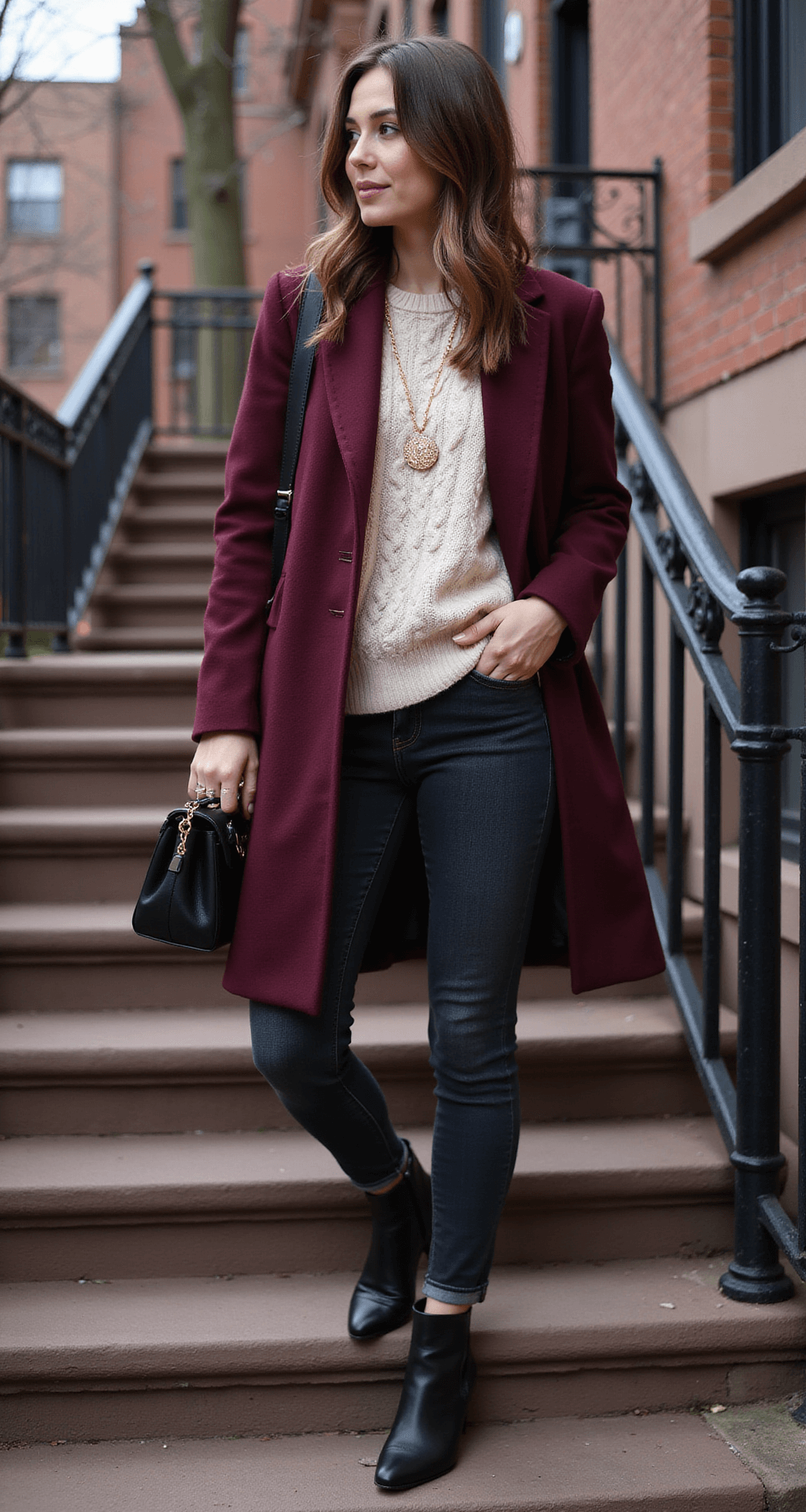 A person in a burgundy wool coat and cream cable-knit sweater ascends historic brownstone steps on an overcast day, captured in a three-quarter length shot with an 85mm lens, emphasizing the vertical composition.