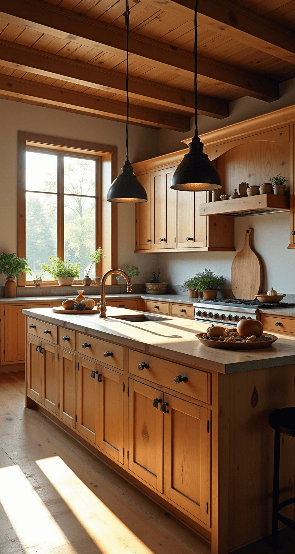Wide-angle view of a sun-drenched kitchen featuring knotty alder cabinets, a butcher block island, vintage copper lights, and artisanal decor, illuminated by soft natural light during golden hour.