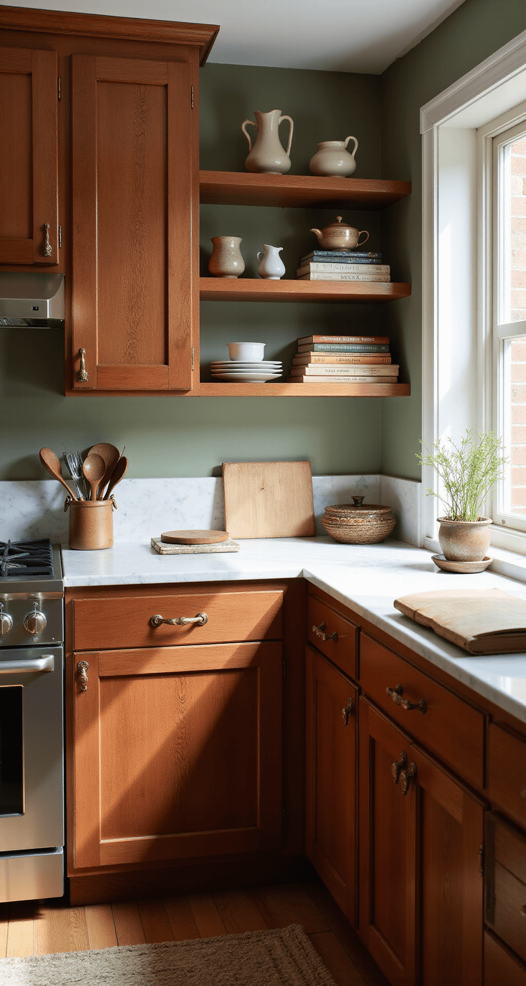 A corner detail shot of an L-shaped kitchen in morning light, featuring rich reddish-brown knotty alder cabinets with a pronounced grain, white marble countertops, aged brass hardware, open shelving with pottery and cookbooks, and a sage green accent wall, all highlighted by dramatic shadows from natural light.