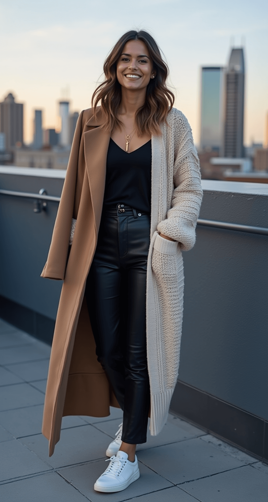 A fashion blogger poses on an urban rooftop terrace at sunset, showcasing a stylish outfit featuring an oversized cream chunky knit cardigan, fitted black tee, high-waisted leather pants, and white sneakers. A long camel coat is draped over her shoulders. Her hair is styled in loose waves and she wears minimal gold jewelry, with the city skyline in the backdrop during blue hour for dramatic lighting.