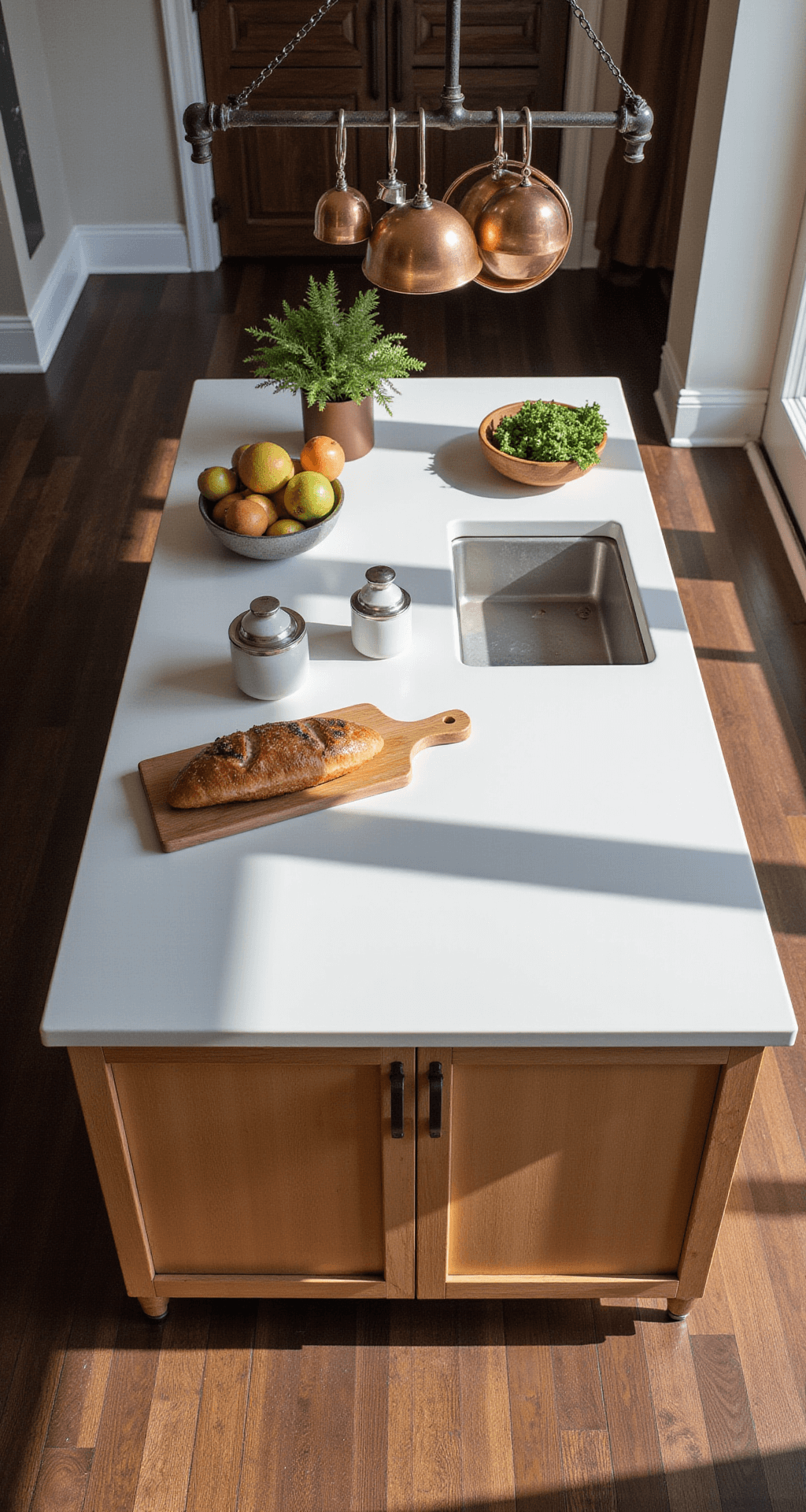Overhead view of a kitchen island featuring knotty alder base cabinets, a white quartz waterfall countertop, copper cookware hanging above, and styled with artisanal bread, fresh produce, and ceramic vessels, all set on dark hardwood floors.