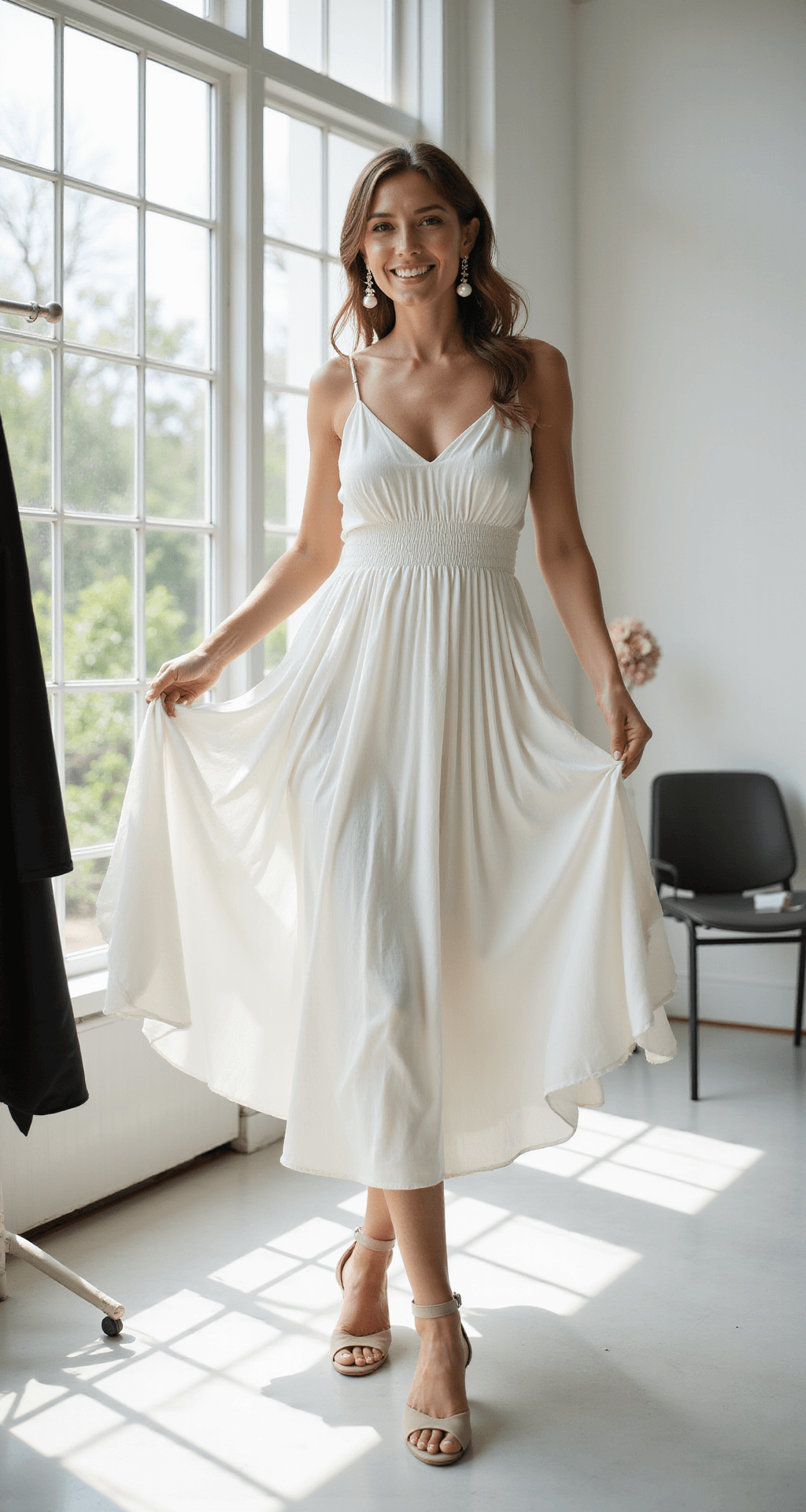 A graduating student twirls in a classic white midi dress with subtle pleating in a bright photography studio, natural light streaming through large windows. She wears nude block heels with ankle straps and pearl drop earrings, with a black graduation gown hanging nearby. The image captures her joy and elegance at eye level with a soft blur in the background.