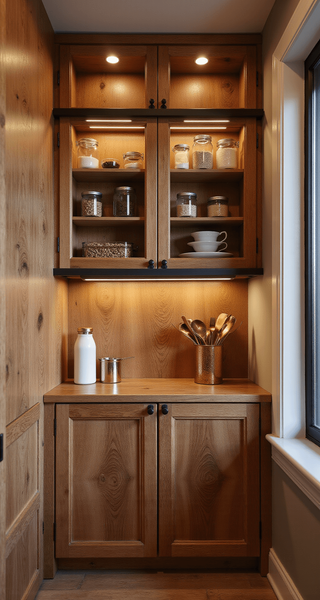 Detail shot of a knotty alder pantry wall with glass-front cabinets displaying organized provisions, illuminated by warm LED lighting, featuring a matte black ladder rail, copper measuring cups, and wooden utensils, captured in an elegant, organized setting.