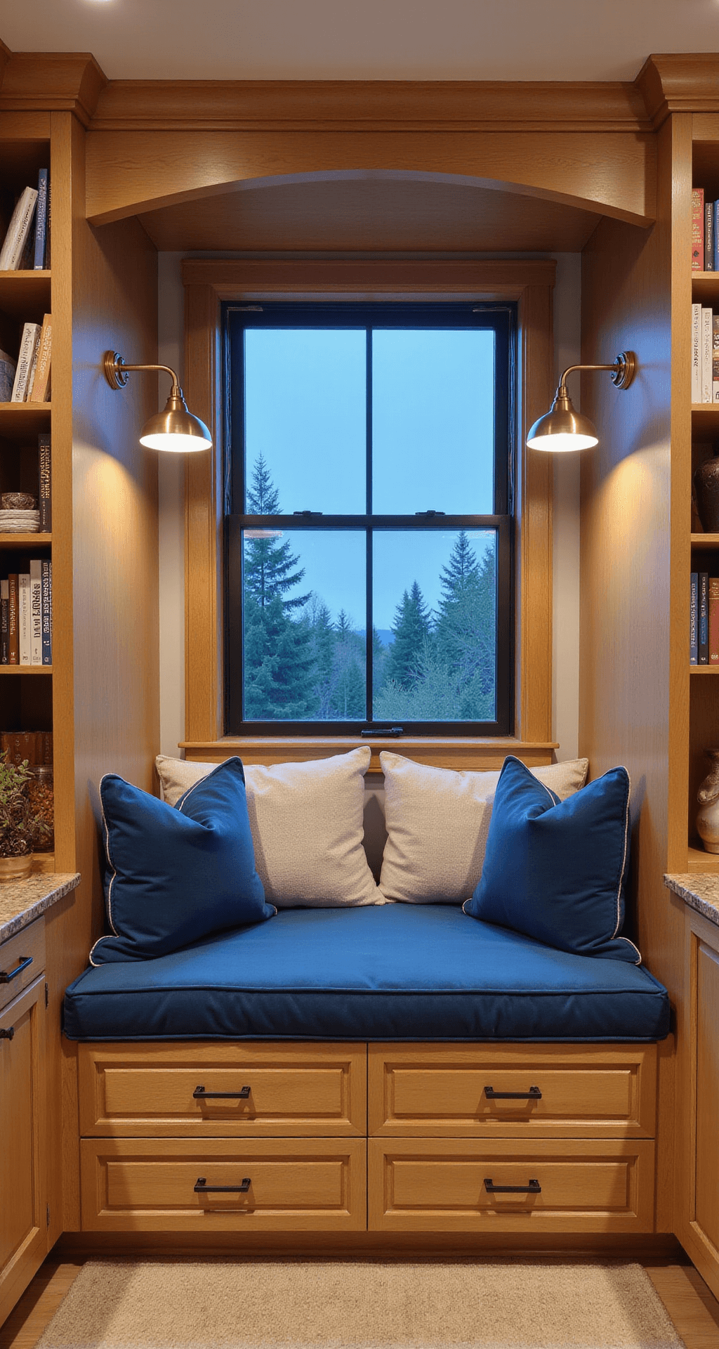 A cozy kitchen nook at blue hour featuring medium-stained knotty alder built-ins, a window seat with storage drawers, and navy velvet cushions. Brass library lights illuminate a collection of cookbooks on display, accented by mixed metal details. Captured with a 35mm lens at f/2.8, creating an atmospheric blur.
