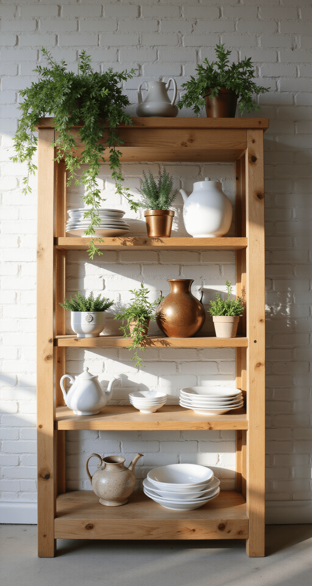 A close-up of a knotty alder open shelving unit with a natural finish, showcasing amber undertones and intricate knot patterns. The shelves are styled with a white ironstone collection, vintage copper vessels, and trailing plants against a textured white subway tile backdrop. The image, captured with a 50mm lens at f/2.0, highlights the central shelf in selective focus, illuminated by soft natural light from the left, creating gentle shadows. The overall mood is collected and casually curated.