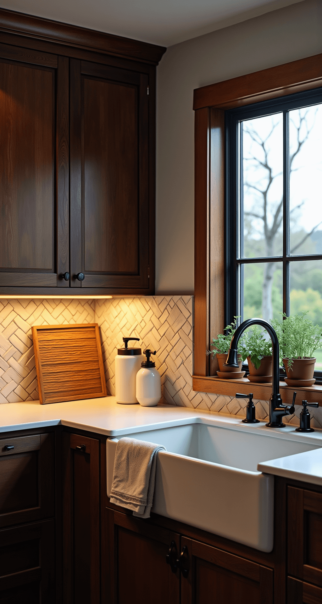 A modern farmhouse sink wall at twilight featuring knotty alder cabinets in deep espresso, an apron-front sink, herringbone-pattern ceramic tiles, an aged copper faucet, and styled with tea towels, herbs, and a wooden dish rack, illuminated by warm LED lights and cool natural light.