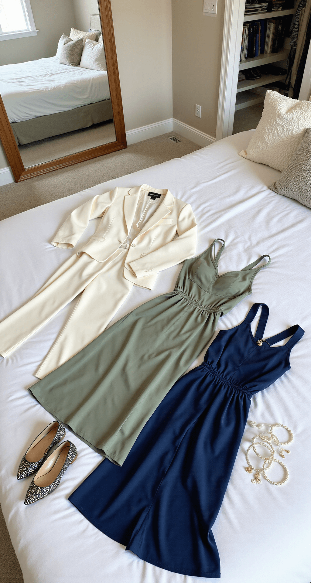 Bright contemporary bedroom featuring a plush white bedspread with multiple laid-out graduation outfit options: a cream tailored two-piece, a sage green midi dress, and a navy jumpsuit. Coordinating accessories, including pearl studs, bracelets, and designer flats, are arranged nearby. The scene is captured from above with natural window light.