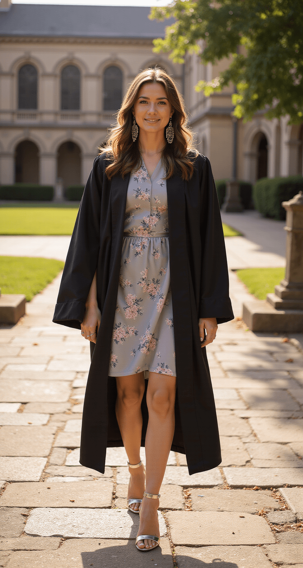 A confident graduate-to-be walks through a historic university courtyard, dressed in a knee-length floral dress and graduation gown. Her silver block heels shimmer in the late afternoon sun, and statement crystal earrings enhance her look. The wide-angle shot highlights the architectural details around her while keeping her in sharp focus, bathed in the golden hour light.