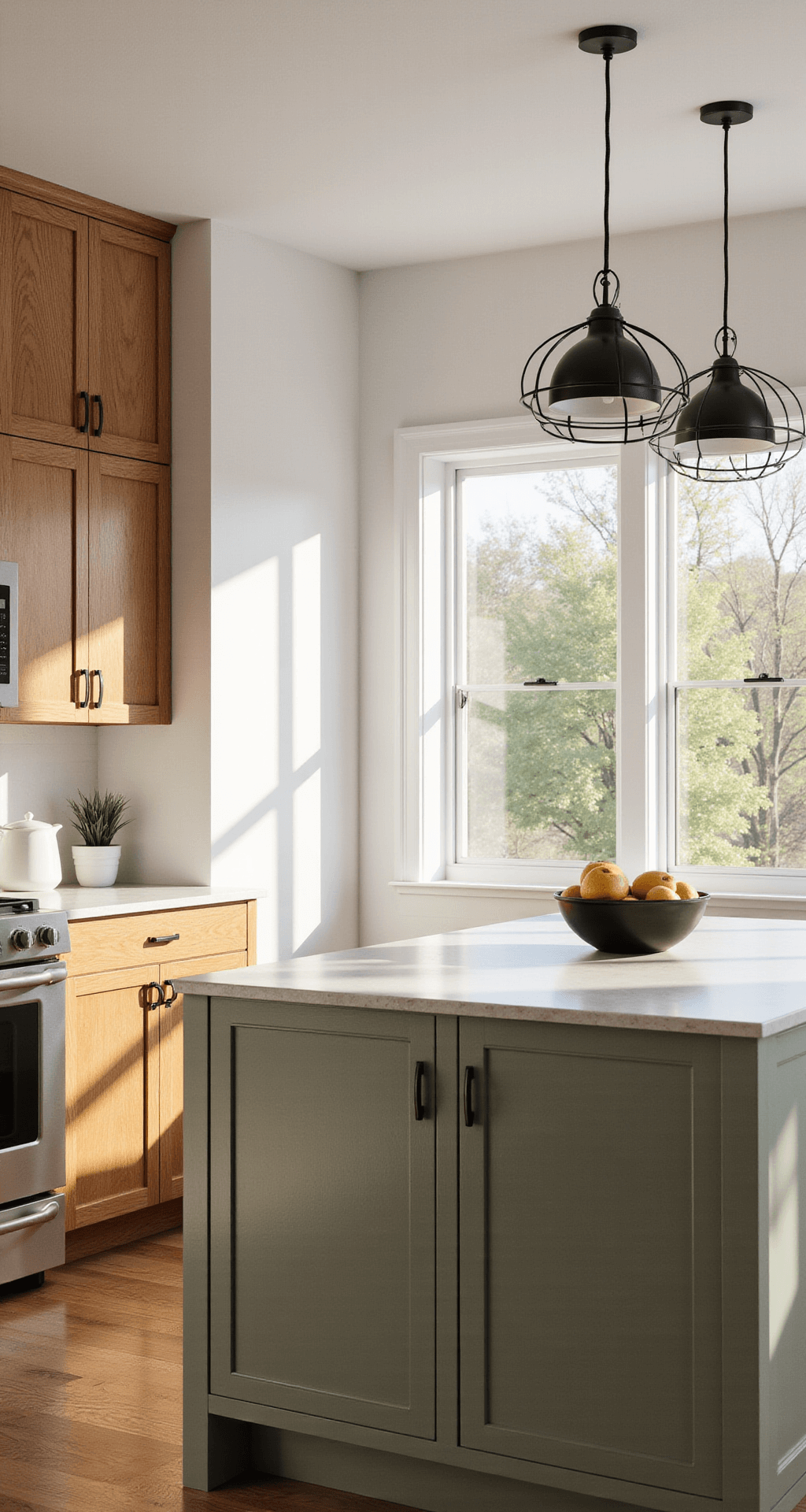 A bright and airy 12x15ft kitchen featuring honey oak cabinets and sage green island, illuminated by natural light during golden hour, showcasing matte black hardware, modern pendant lights, and minimal white ceramics against crisp white walls.