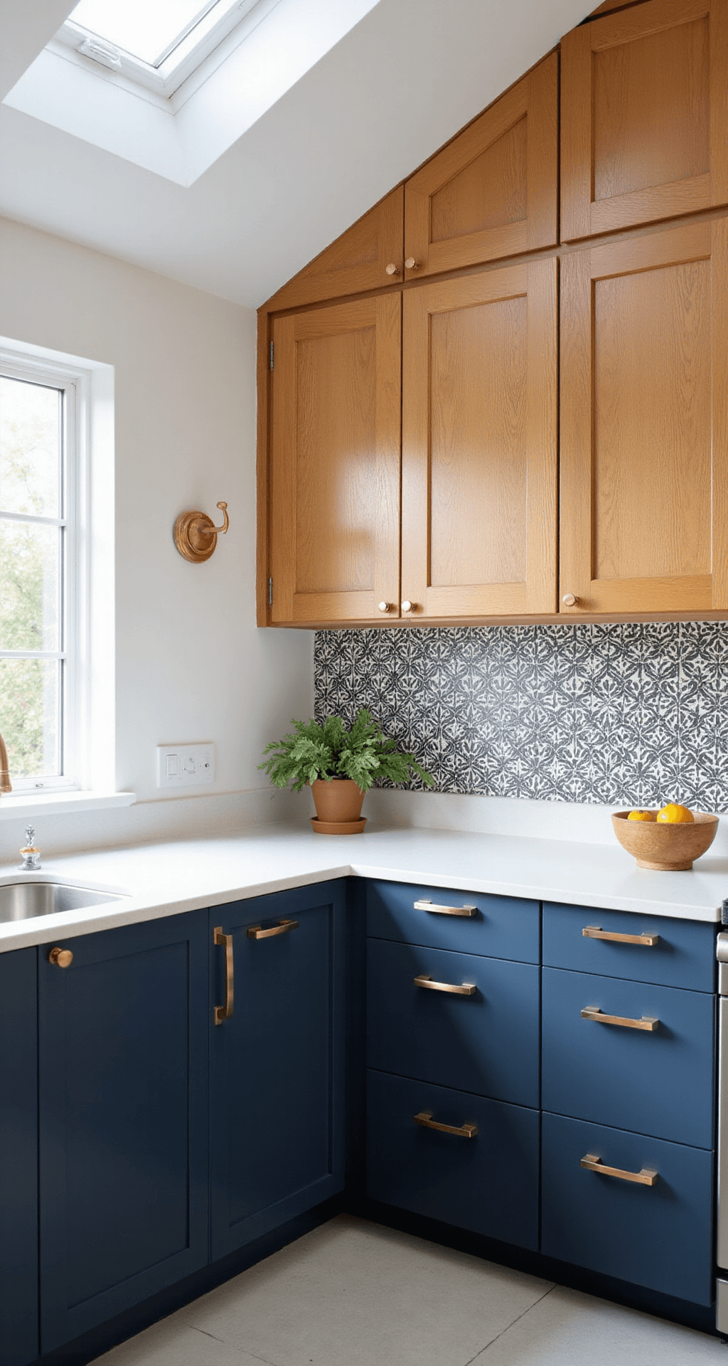 Corner view of a modern kitchen with honey oak upper cabinets and navy blue lower cabinets, illuminated by morning light from skylights; features brushed brass handles, white quartz countertops, and a geometric black and white tile backsplash.