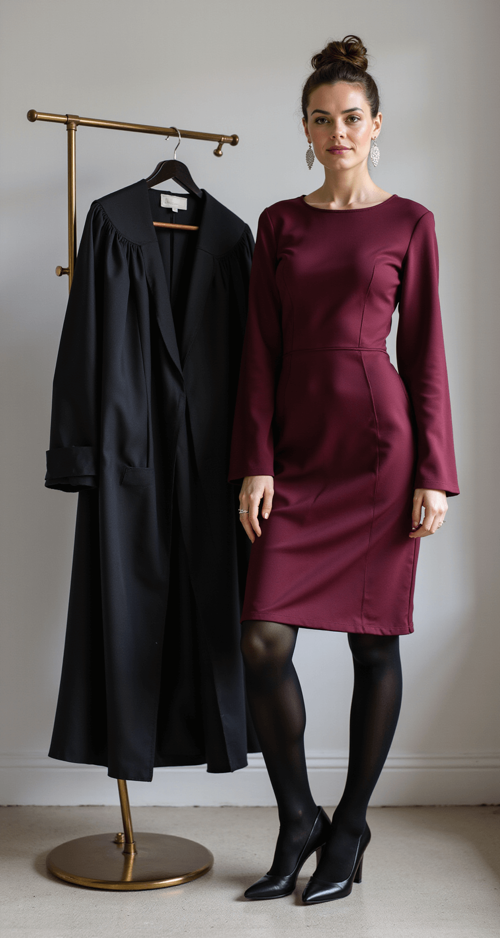 A sophisticated long-sleeve burgundy dress paired with black opaque tights and pointed-toe block heels in a minimalist dressing room with northern light exposure, alongside a luxurious black wool coat and a graduation gown on a brass rack, with crystal drop earrings adding sparkle, all captured in soft focus with professional lighting.