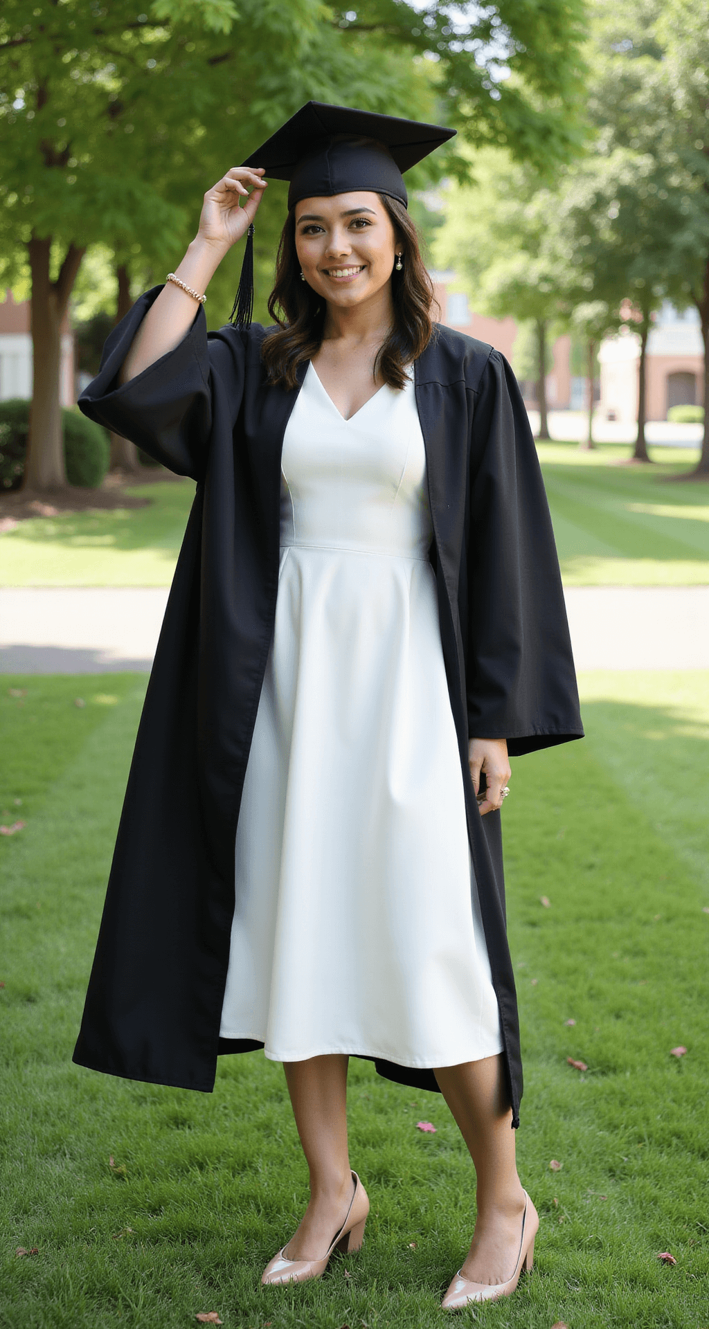 A student wearing a white A-line dress and black graduation gown practices cap placement on a sunlit university lawn, with champagne-colored block heels sinking into the grass, accessorized with pearl earrings and a gold bracelet, captured from a low angle with natural backlight creating a halo effect.