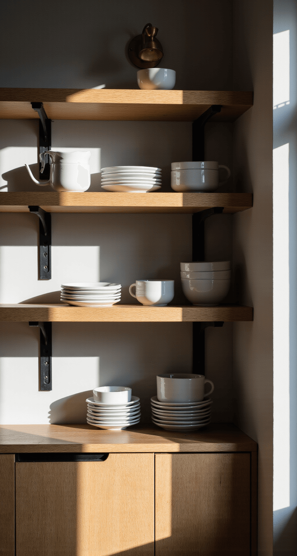 Intimate view of an updated honey oak kitchen featuring open shelving with black metal brackets, honey oak shelves, and white ceramic dishes, illuminated by late afternoon light and a modern brass sconce, shot straight-on with shallow depth of field for a moody editorial look.