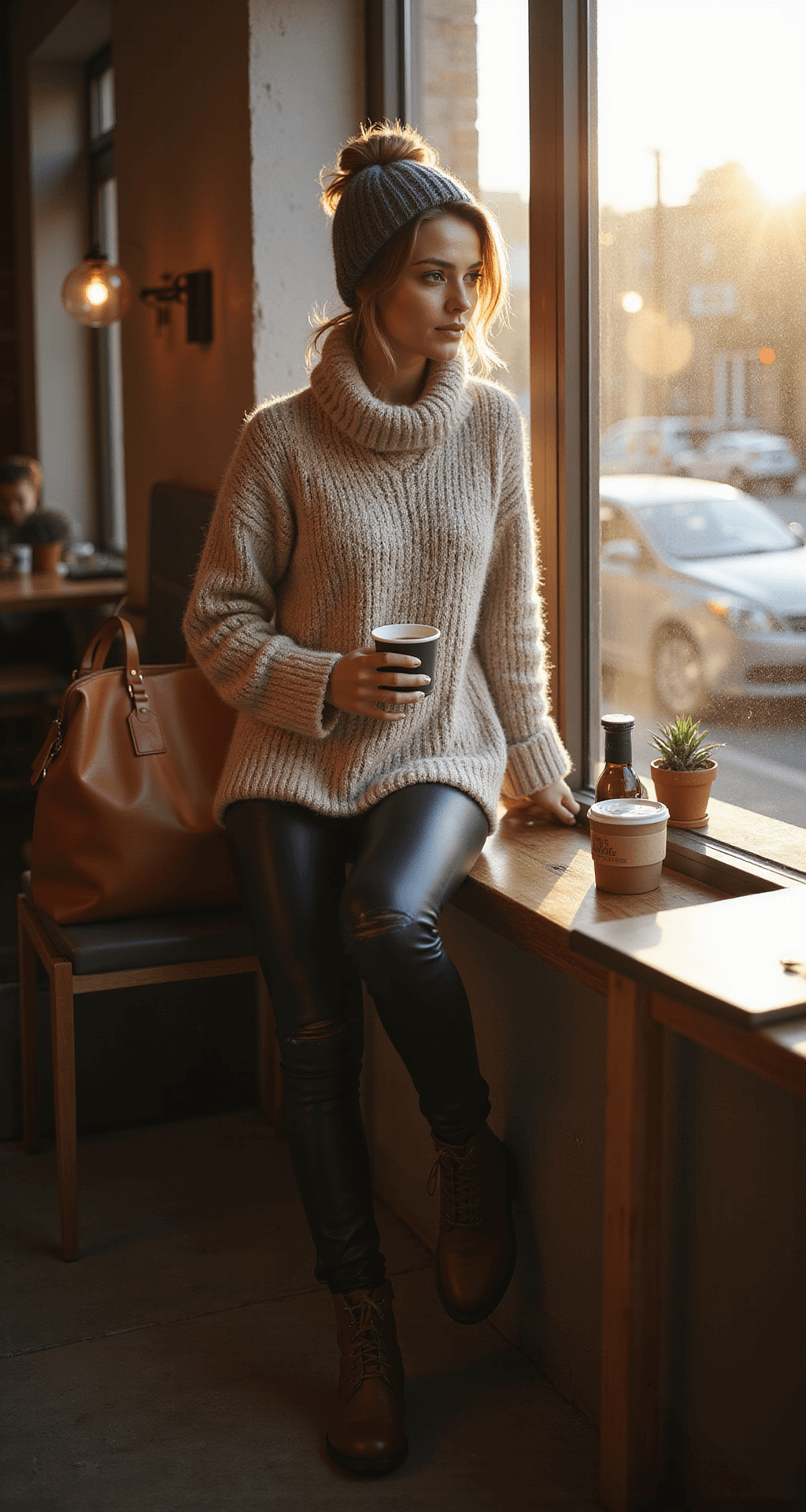 A street-level view through a coffee shop window, featuring a female model in an oversized oatmeal chunky knit sweater, black leather leggings, and distressed brown combat boots, sitting in a sunlit corner. She has natural makeup and a messy bun under a charcoal grey cashmere beanie, with steam rising from her coffee cup. A leather tote bag leans against her chair, and the warm interior lighting blends with the golden dawn sunlight, highlighting the textures of her outfit in a cinematic depth of field.