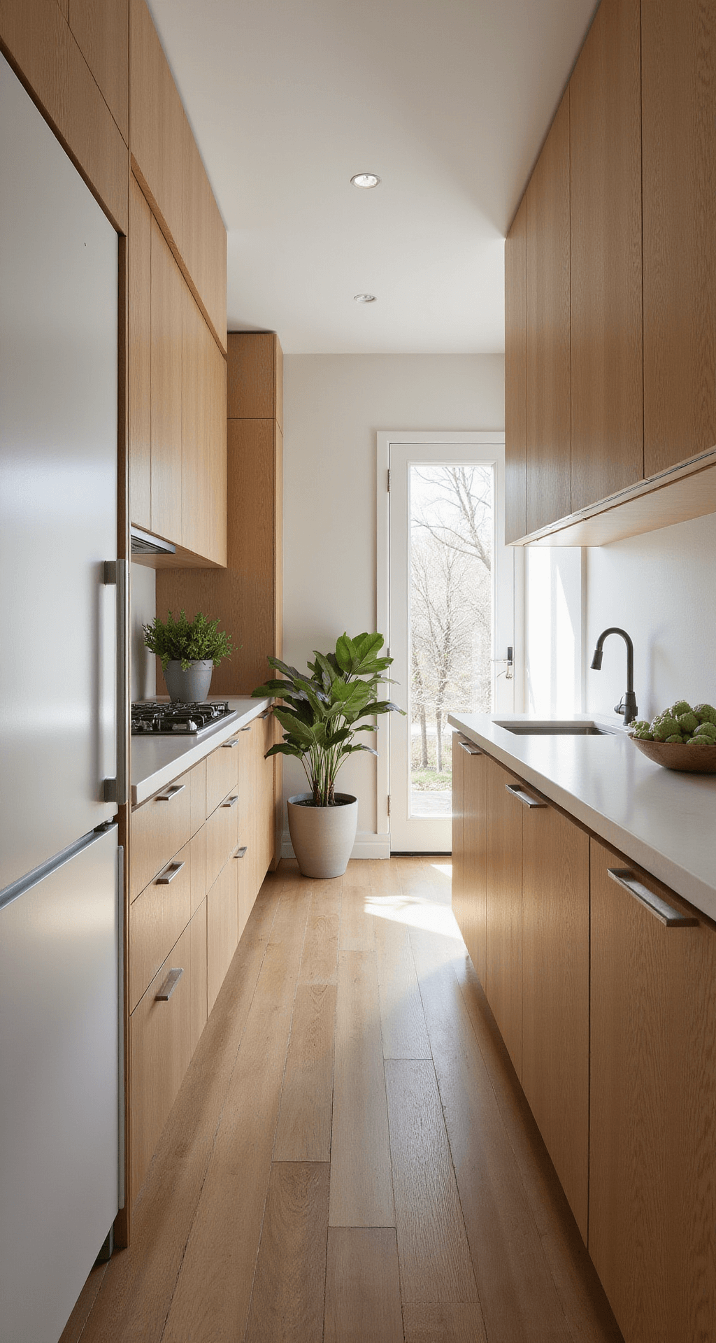 Wide-angle view of a galley kitchen featuring honey oak cabinets with stainless steel hardware, illuminated by cool morning light. The kitchen has white walls and warm taupe countertops, with minimal styling and pops of sage green from plants and textiles. The camera is positioned at the entrance to enhance depth, showcasing high-key lighting and soft shadows.