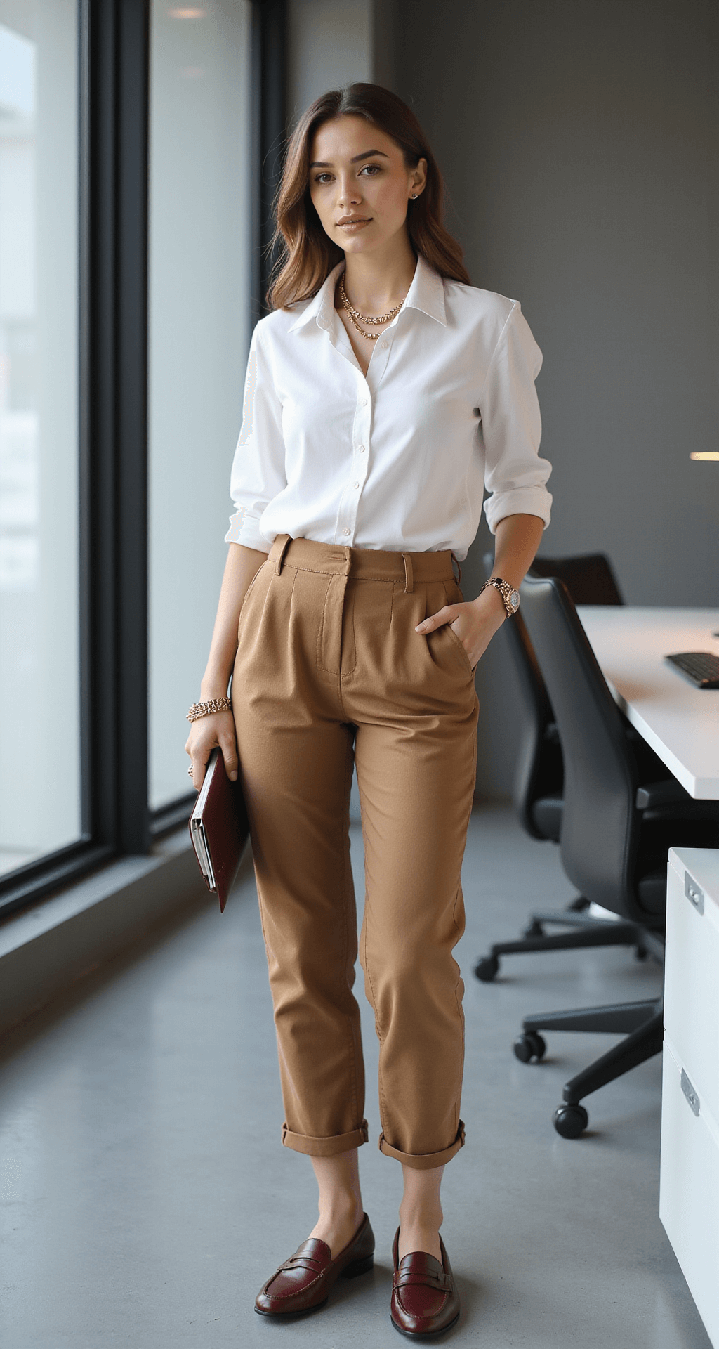 A professional woman in a minimalist office space with floor-to-ceiling windows, wearing a white button-down shirt tucked into camel wool trousers, holds a portfolio by a modern desk. She has a sleek low bun, neutral makeup, and accessorizes with burgundy loafers and delicate gold jewelry, all highlighted by midday diffused light.