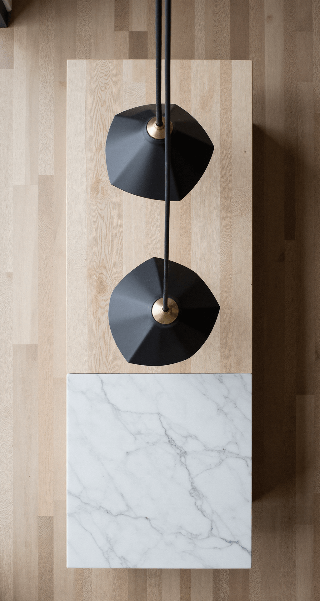 Overhead view of a honey oak kitchen island with white marble top, featuring black geometric pendant lights, contemporary matte black and brushed brass accessories, and natural side lighting enhancing texture and material contrast.