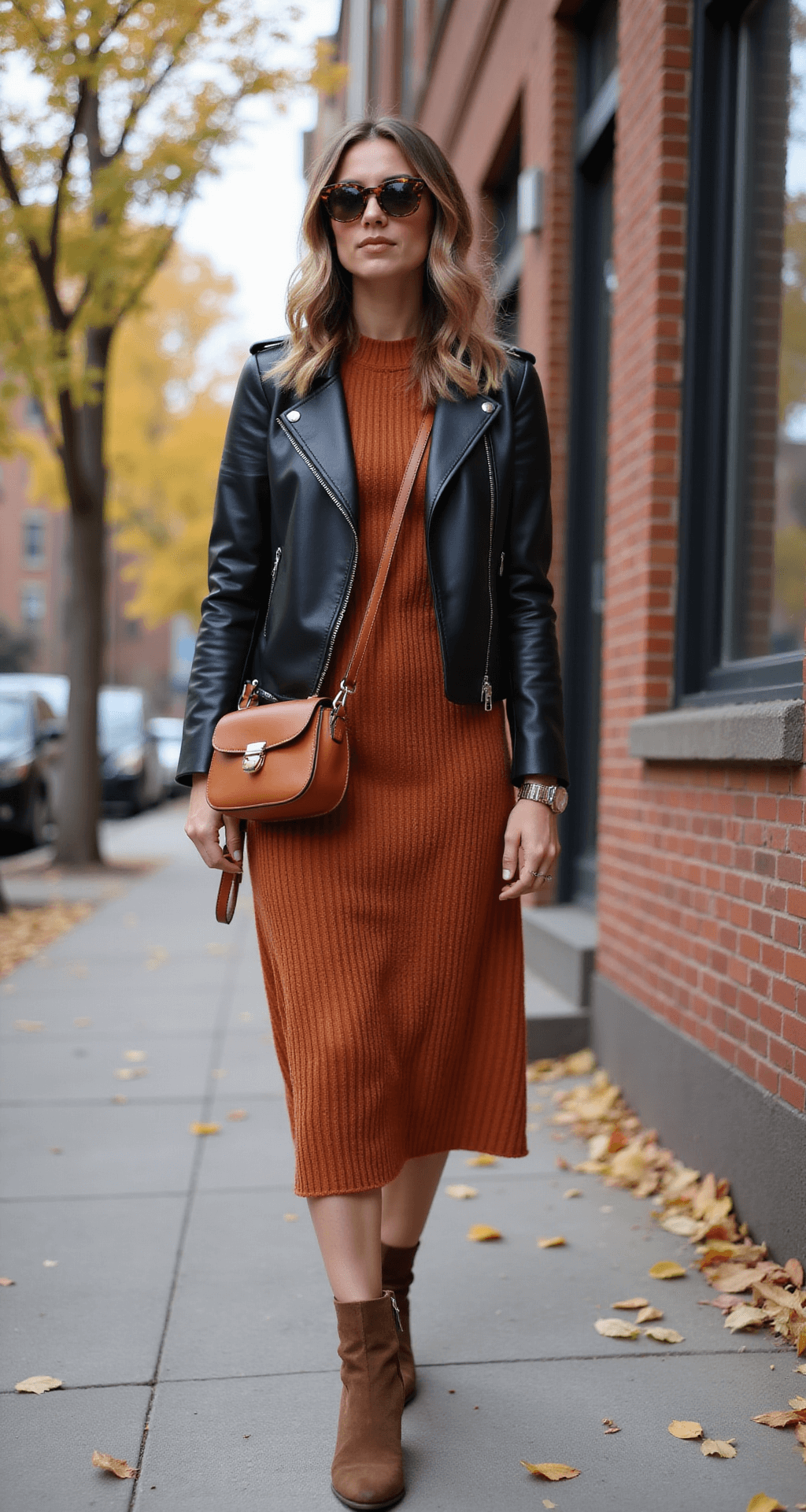 A model walks past a brick wall in an urban street scene, wearing a rust-colored ribbed knit midi dress layered under a black leather moto jacket. She pairs her outfit with brown suede ankle boots and a cognac leather crossbody bag. Her hair is styled in loose waves, and she wears tortoiseshell sunglasses. The golden late afternoon autumn light highlights the falling leaves around her. The photo is taken from a slight low angle, emphasizing her movement and street style.