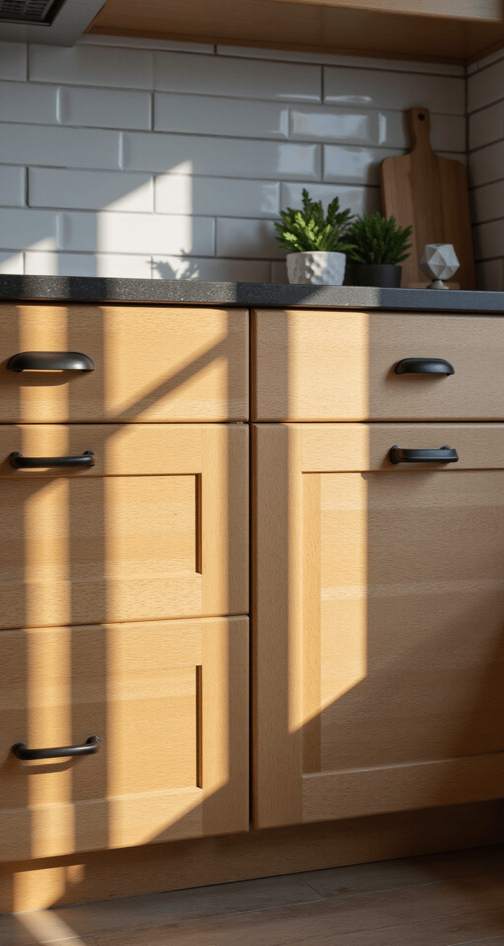Detail shot of modern honey oak cabinet faces with black minimalist handles, illuminated by late morning light that accentuates the wood grain texture, complemented by a white subway tile backsplash. The image showcases subtle styling with small plants and geometric objects, captured with a macro lens to emphasize material detail and dramatic side lighting creating deep shadows.