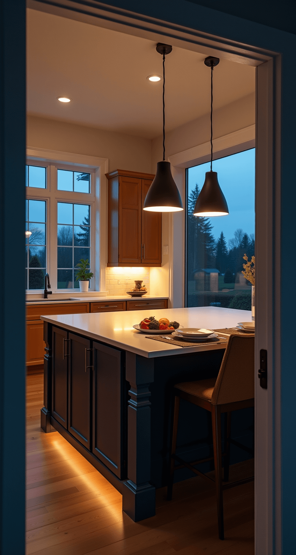 A cozy kitchen at dusk featuring honey oak cabinets illuminated by under-cabinet LEDs, cool blue light filtering in through windows, and warm illumination from black and brass pendant lights above a navy island, set against white walls that enhance the ambient light.