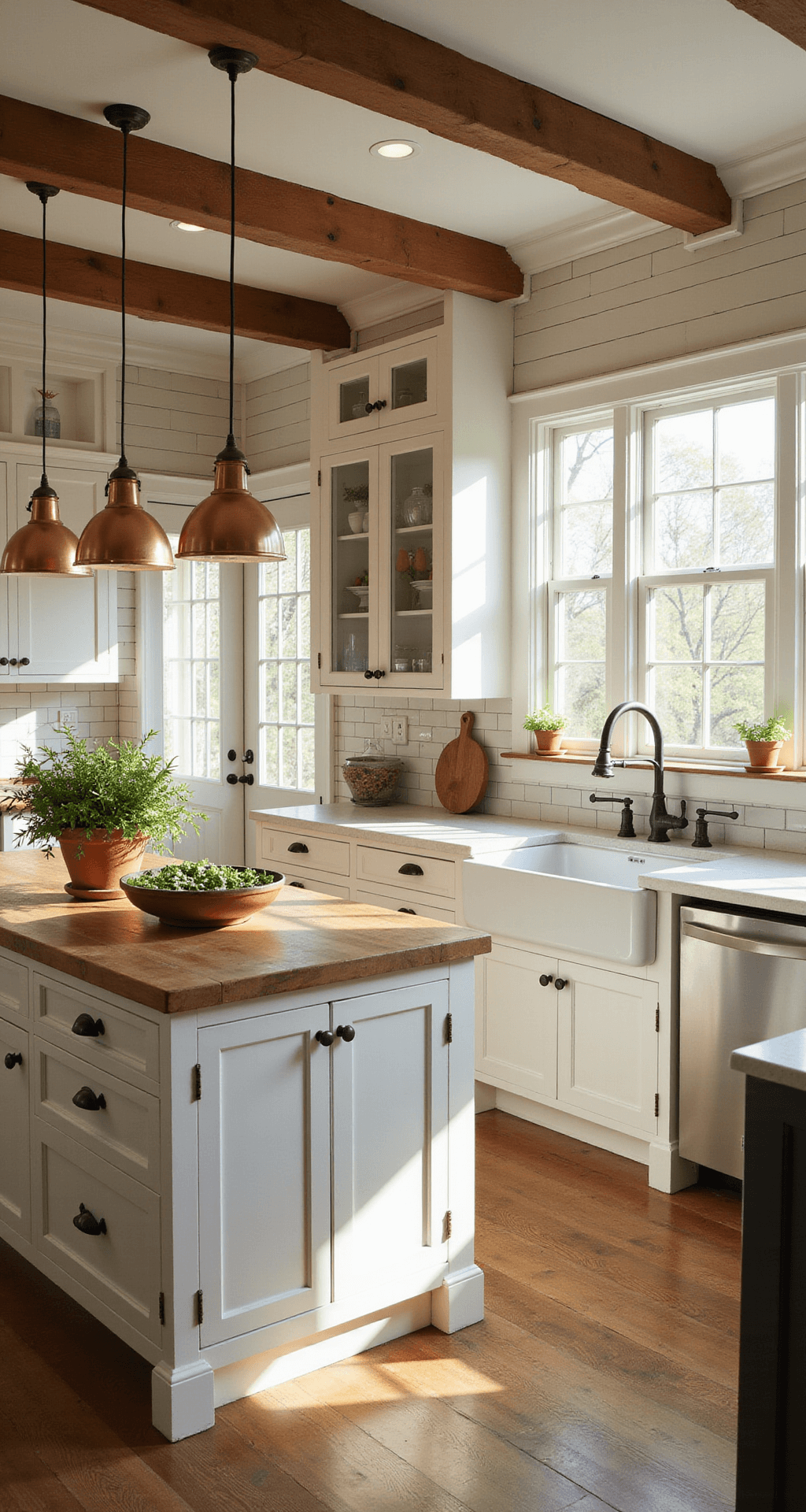 A spacious farmhouse kitchen bathed in morning light, featuring antique white cabinets, a butcher block island with copper pendant lights, and rustic oak flooring, creating a warm and inviting atmosphere.