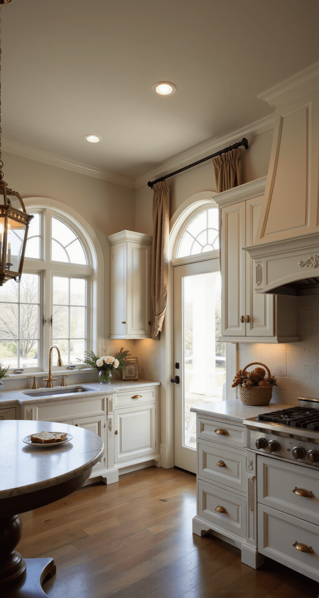 Elegant French country kitchen featuring arched doorways, crown molding, and antique white cabinetry with champagne gold hardware, illuminated by golden hour light filtering through sheer linen curtains, with Carrara marble surfaces and an ornate range hood, creating a soft, romantic atmosphere.
