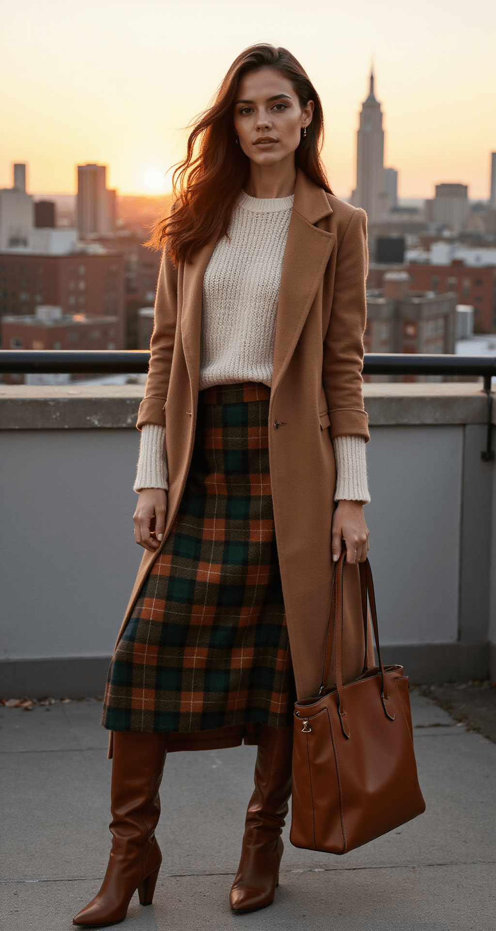 Model wearing a camel cashmere coat, cream chunky knit sweater, and plaid midi skirt in forest green and rust tones, styled with brown leather knee-high boots and a structured handbag, posed on a rooftop terrace at sunset with a city skyline backdrop, as golden hour lighting enhances the rich fall colors and textures.