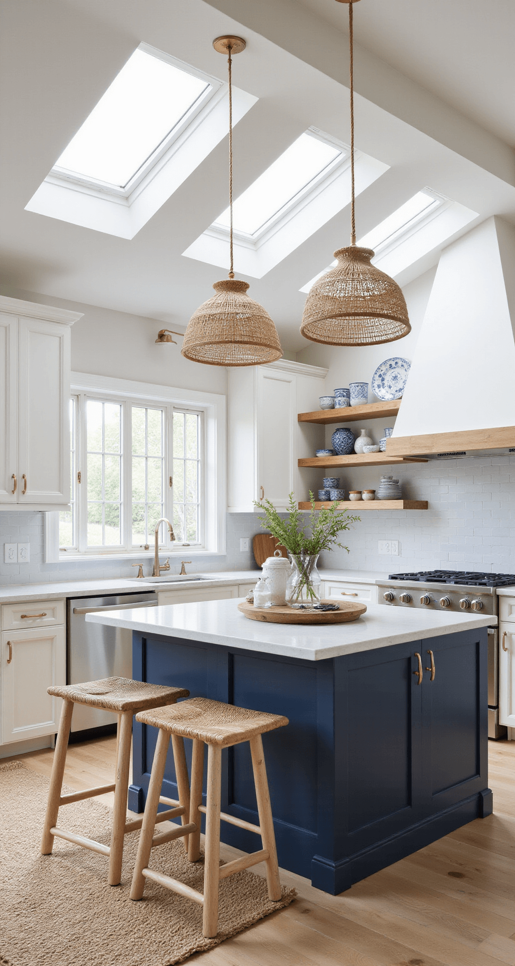 A bright open-concept kitchen featuring a cathedral ceiling, antique white cabinets, a navy blue island with quartz waterfall edges, and white oak floating shelves with blue-and-white ceramics, enhanced by woven pendant lights and bleached wood barstools, captured from a corner angle to emphasize the airy, coastal aesthetic.