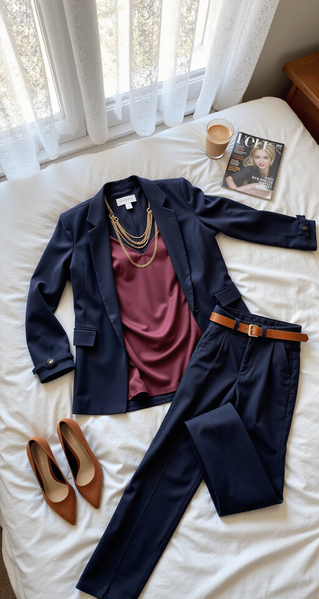 Cozy home interior with morning light through lace curtains, featuring a flat-lay of a navy wool blazer, deep burgundy silk camisole, and high-waisted trousers on white bedding, complemented by gold chain necklaces, a leather belt, and suede pumps, along with a pumpkin spice latte and a fashion magazine on a bedside table.