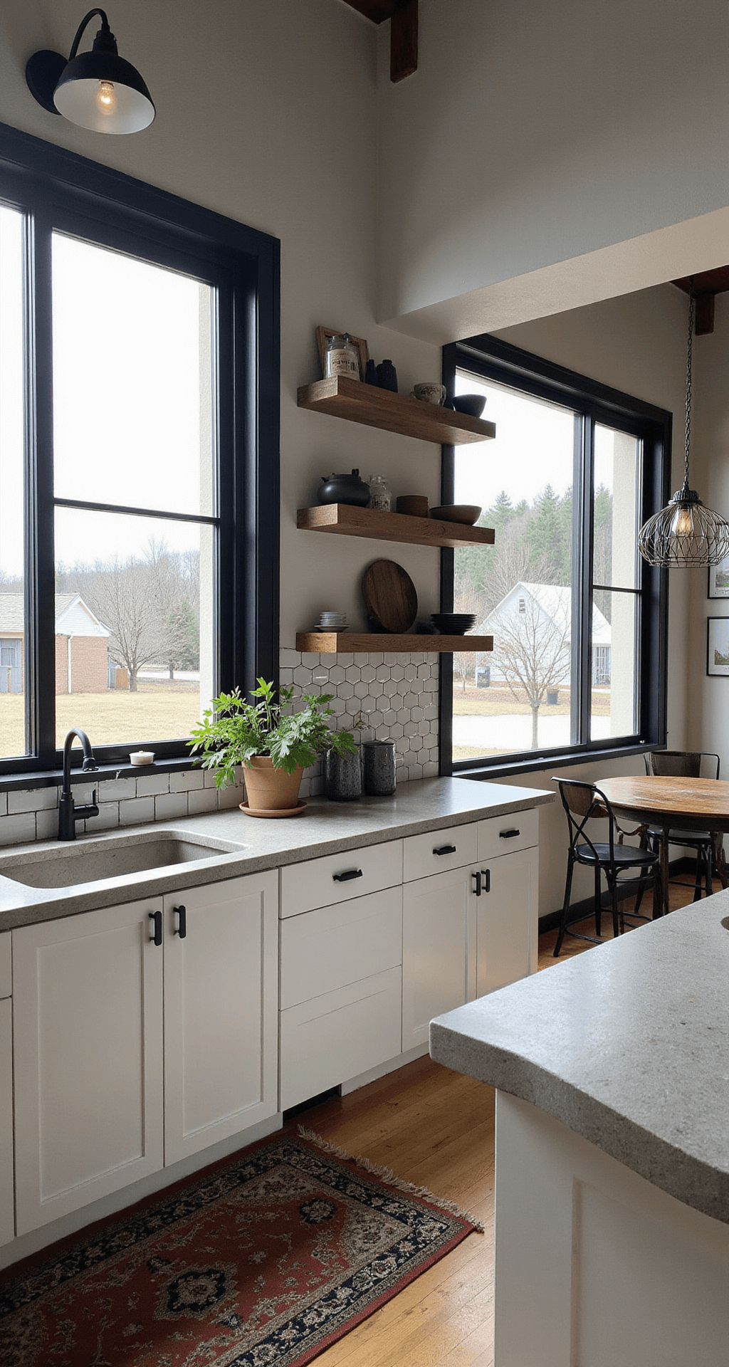 A modern farmhouse kitchen featuring steel-framed windows, antique white cabinets with matte black hardware, raw wood open shelving, concrete countertops, and a hexagon tile backsplash, illuminated by overcast natural light. Industrial-style black pendant lights hang above, and a vintage rug adds warmth, creating a moody, contemporary atmosphere.