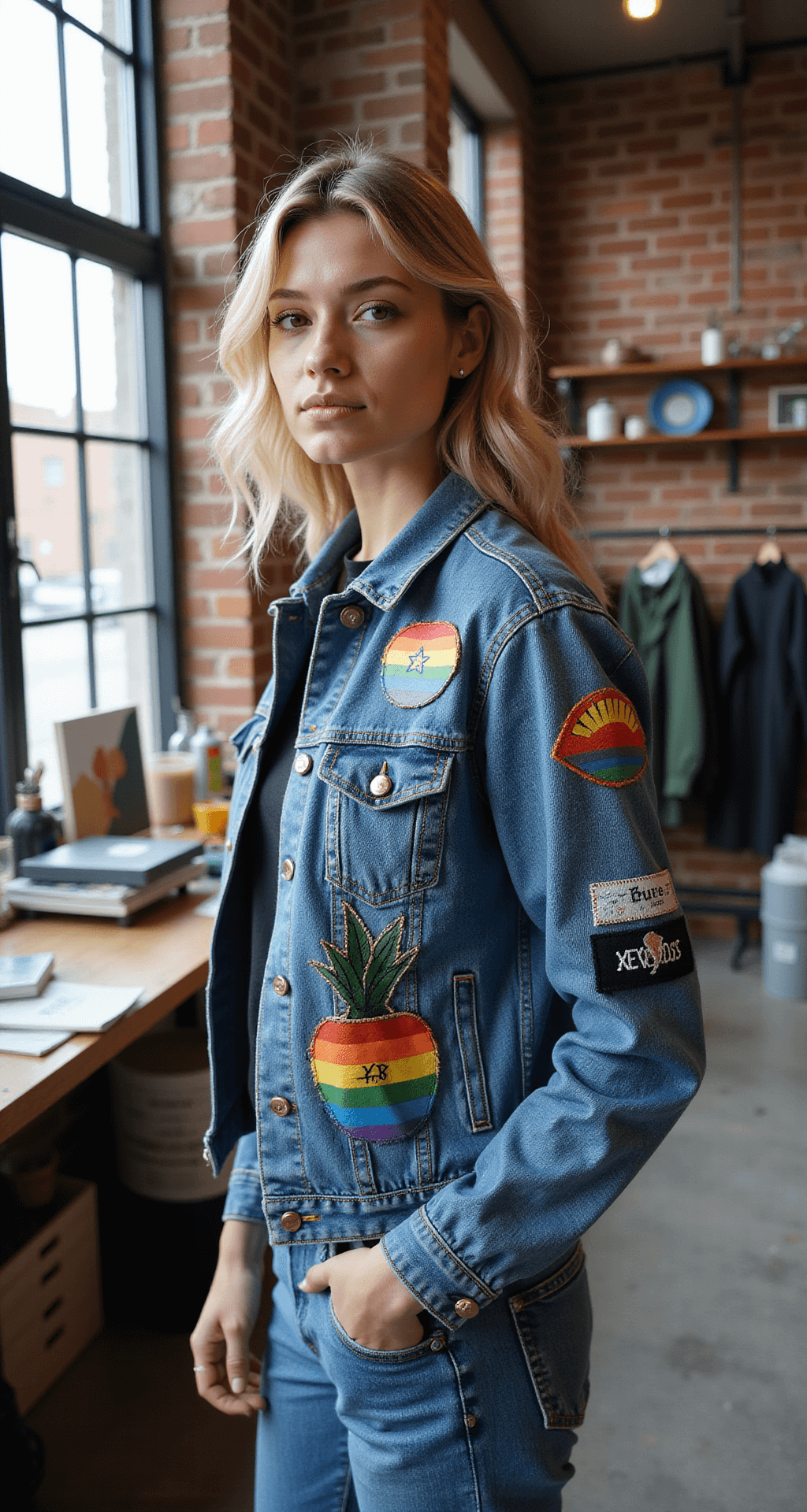 Close-up of a model in a chic industrial loft styling a denim jacket adorned with hand-painted pride designs and patches, with natural light illuminating the intricate artwork and organized art supplies in the background.