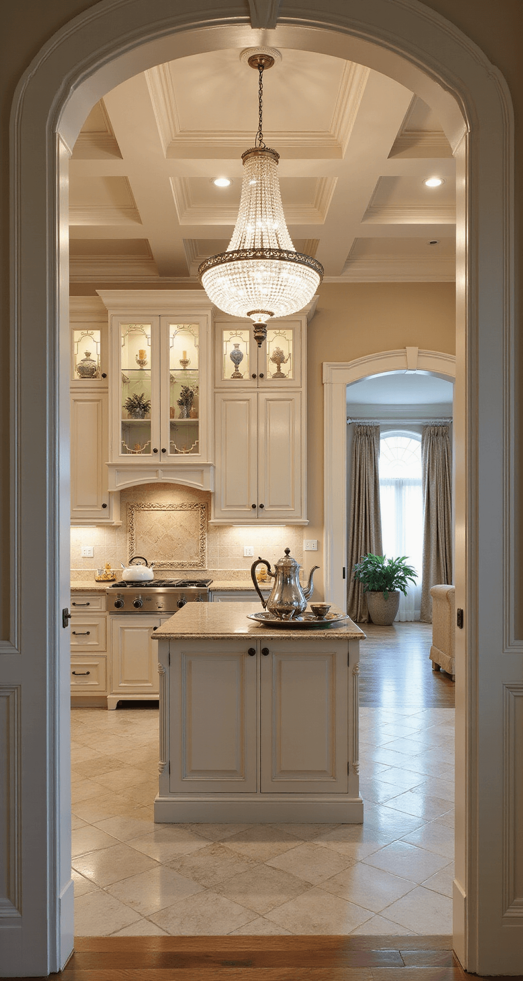 A sophisticated kitchen featuring a coffered ceiling and crystal chandelier, antique white cabinets with glass-front displays, Calacatta gold marble countertops, and a silver tea service on a butler's tray, captured from a low angle to emphasize depth and elegance.