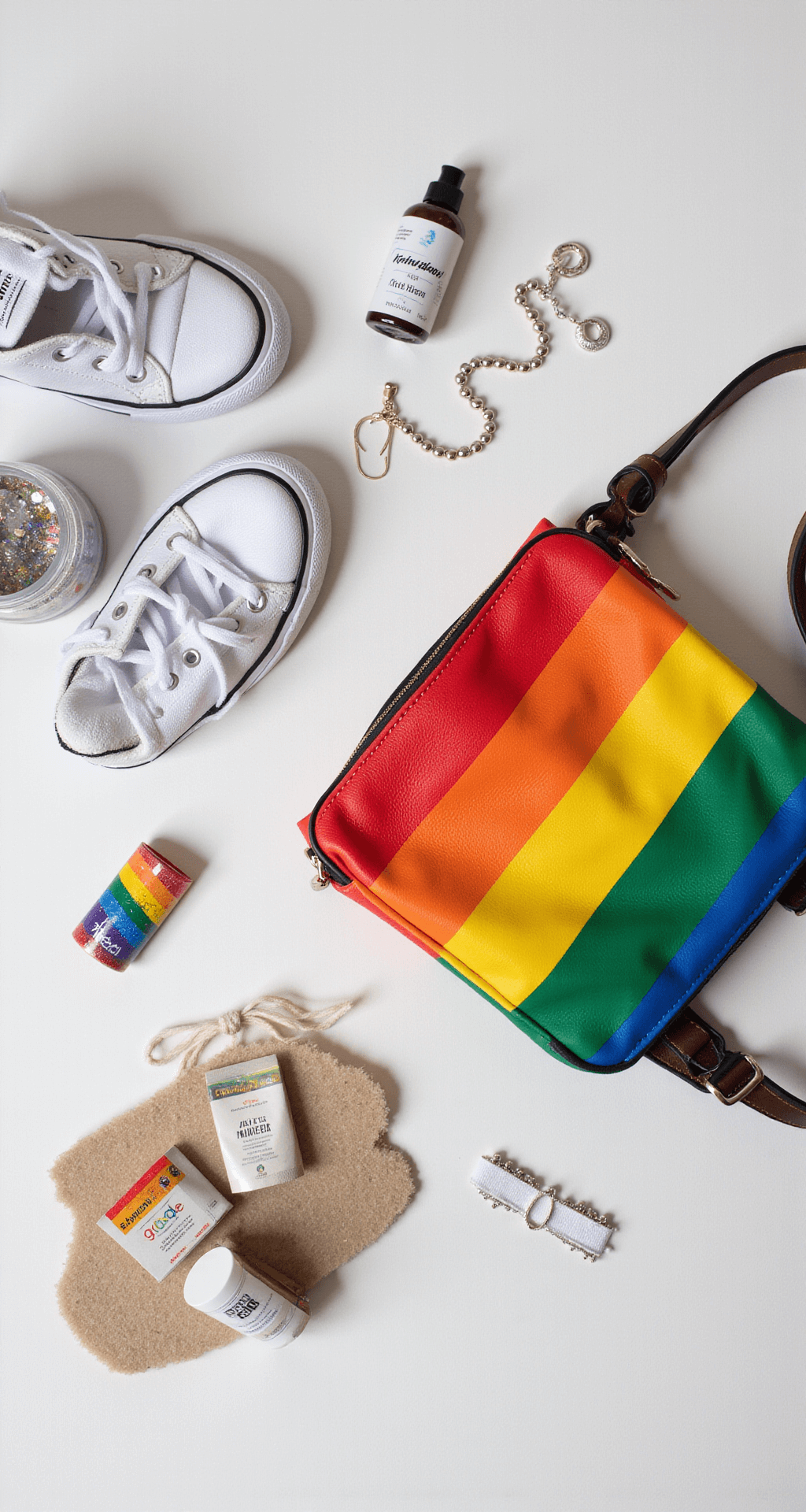 Flat lay of pride fashion essentials including rainbow sneakers, biodegradable face glitter, metallic accessories, and a leather crossbody bag in pride flag colors, captured in a minimalist studio setting with soft diffused lighting.