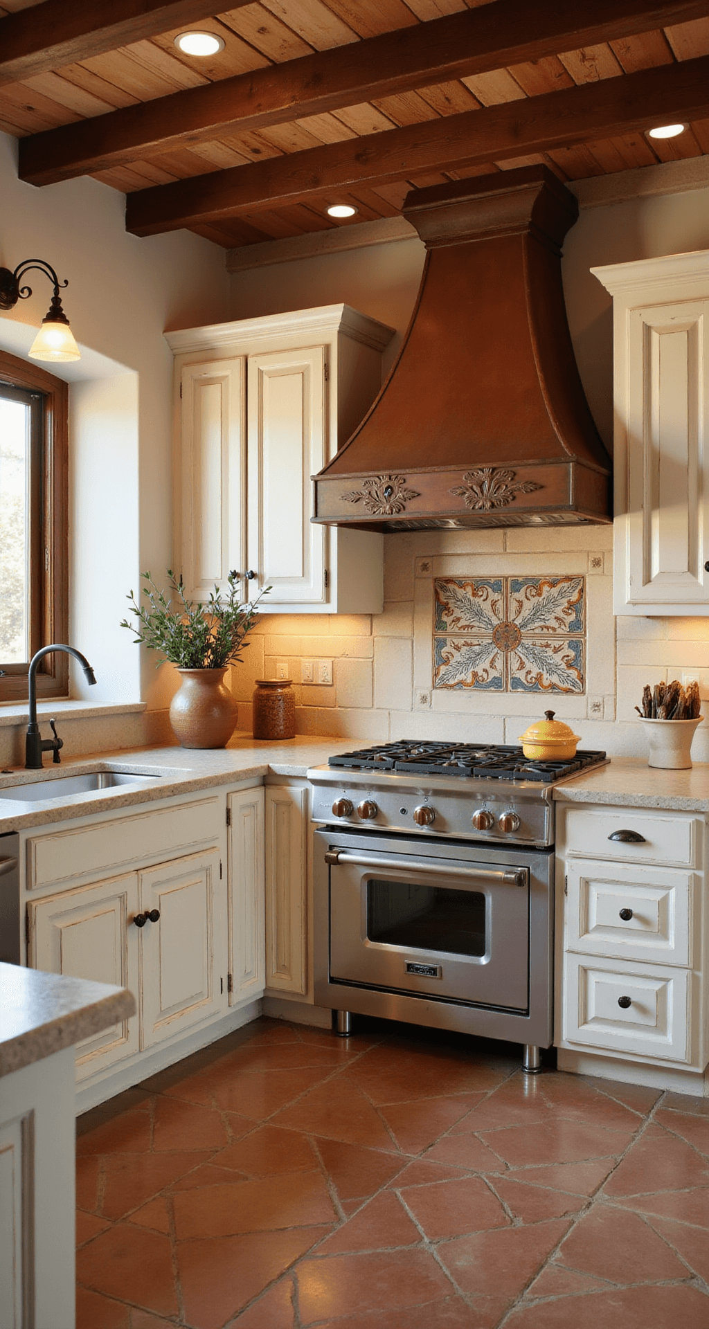 Rustic Mediterranean kitchen featuring terracotta tile floors, wooden ceiling beams, antique white cabinets, limestone countertops, and a copper range hood, illuminated by warm evening light from wrought iron sconces, with olive branches in an earthenware vase.