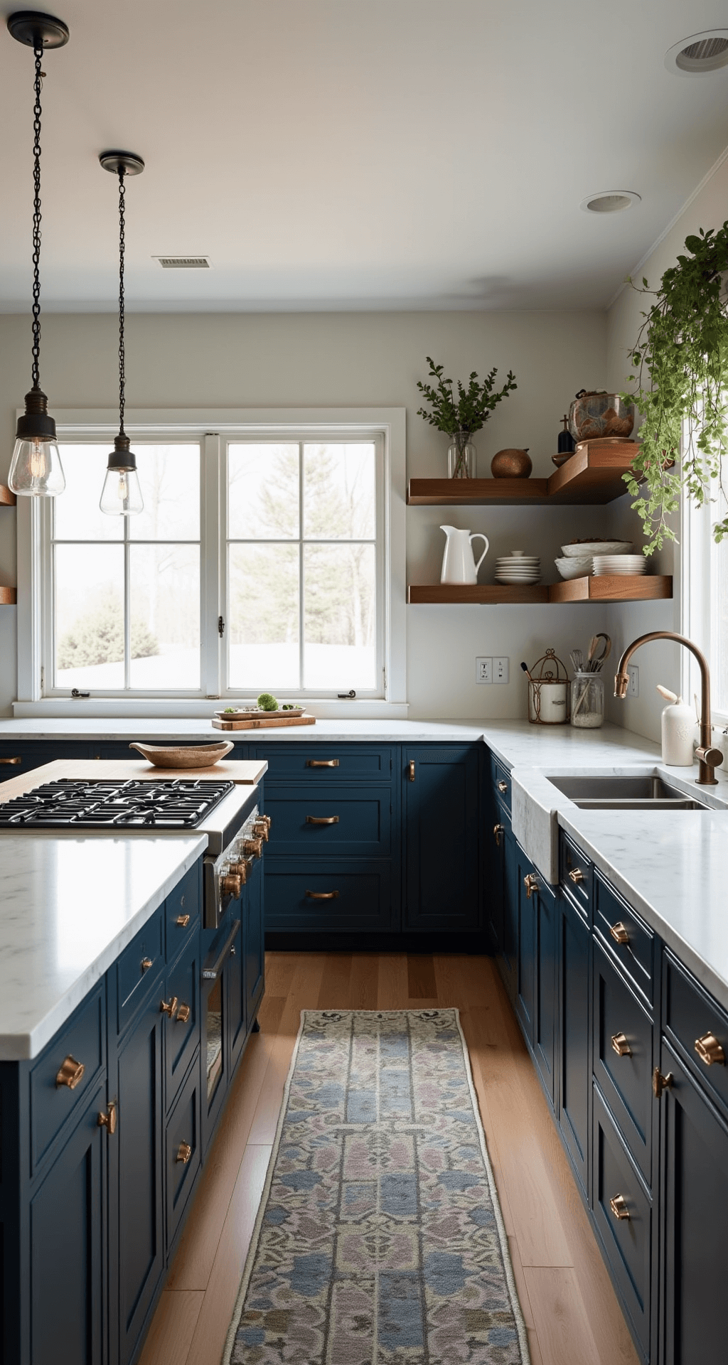 A warm and inviting modern farmhouse kitchen featuring dark navy cabinets with brass hardware, white marble countertops, a butcher block island, wide plank white oak floors, and large windows allowing early morning sunlight to stream in, accented by under-cabinet warm LED lights, copper cookware on open shelves, and fresh eucalyptus in white ceramic vases.
